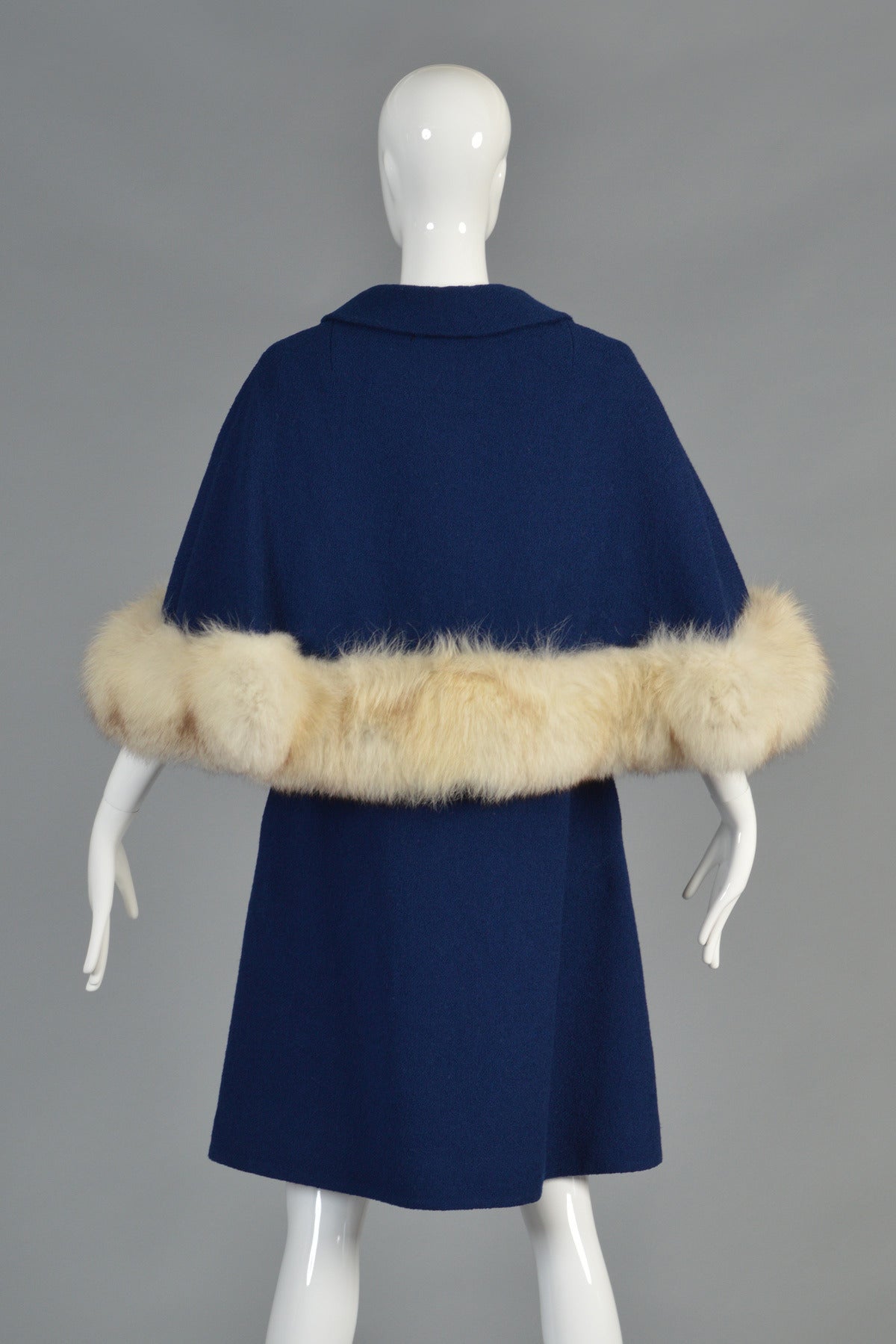 1960's Belted Wool Cape Coat with Blue Fox Fur Trim 4