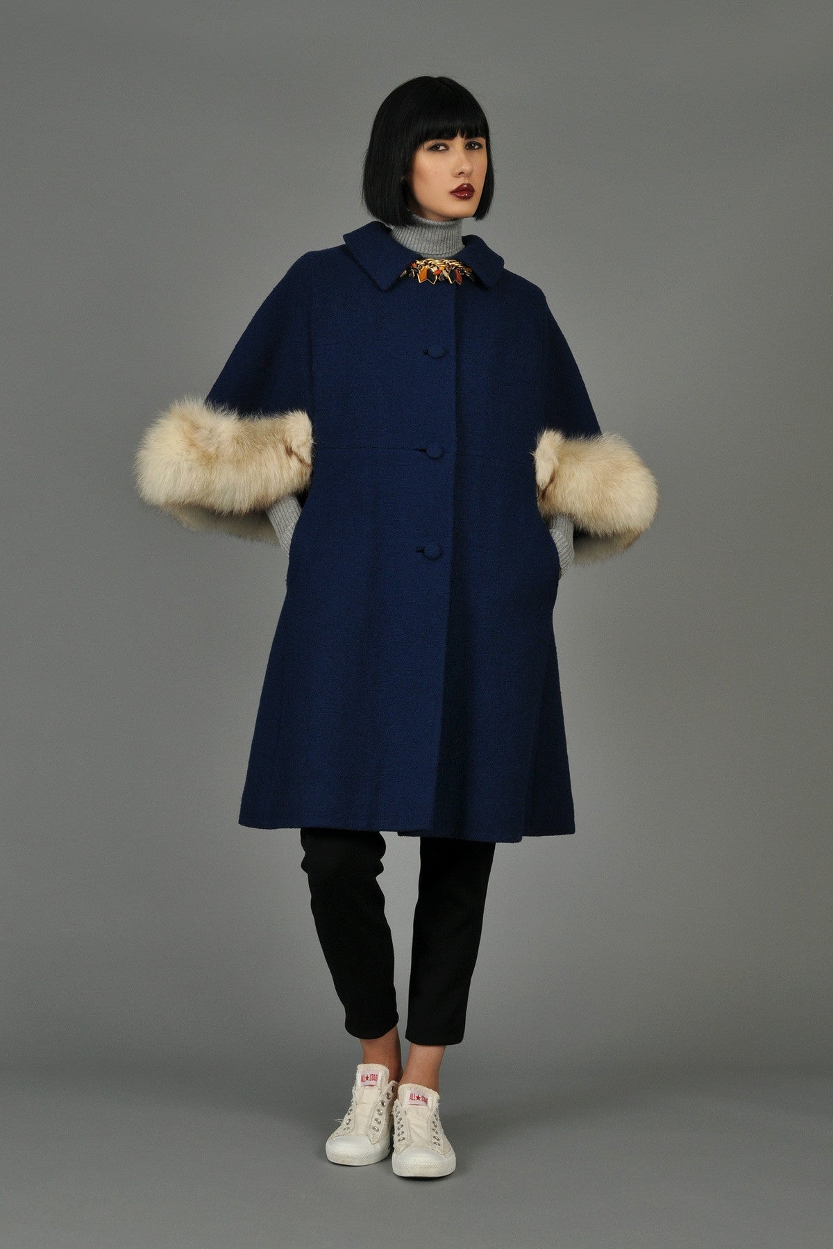 1960's Belted Wool Cape Coat with Blue Fox Fur Trim 5