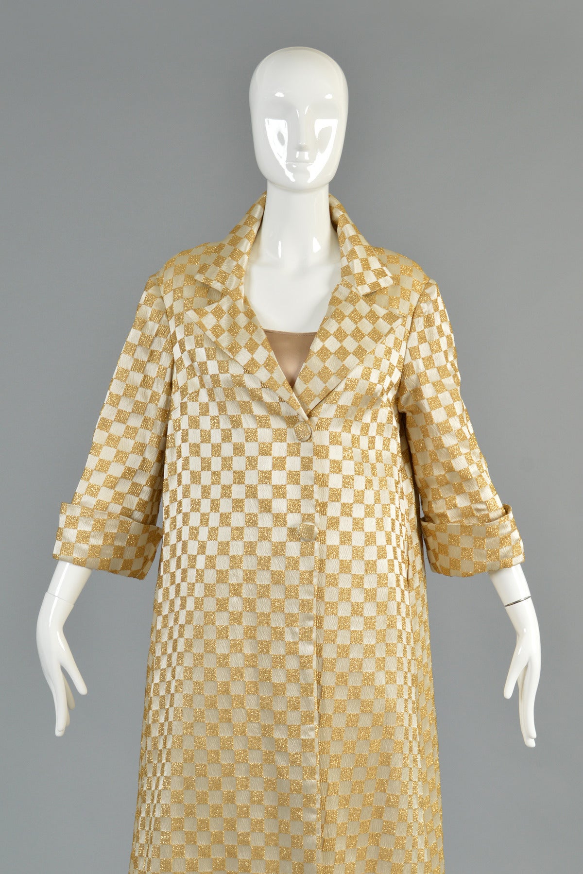 Women's 1960's Ivory + Gold Checkerboard Brocade Pant + Coat Ensemble