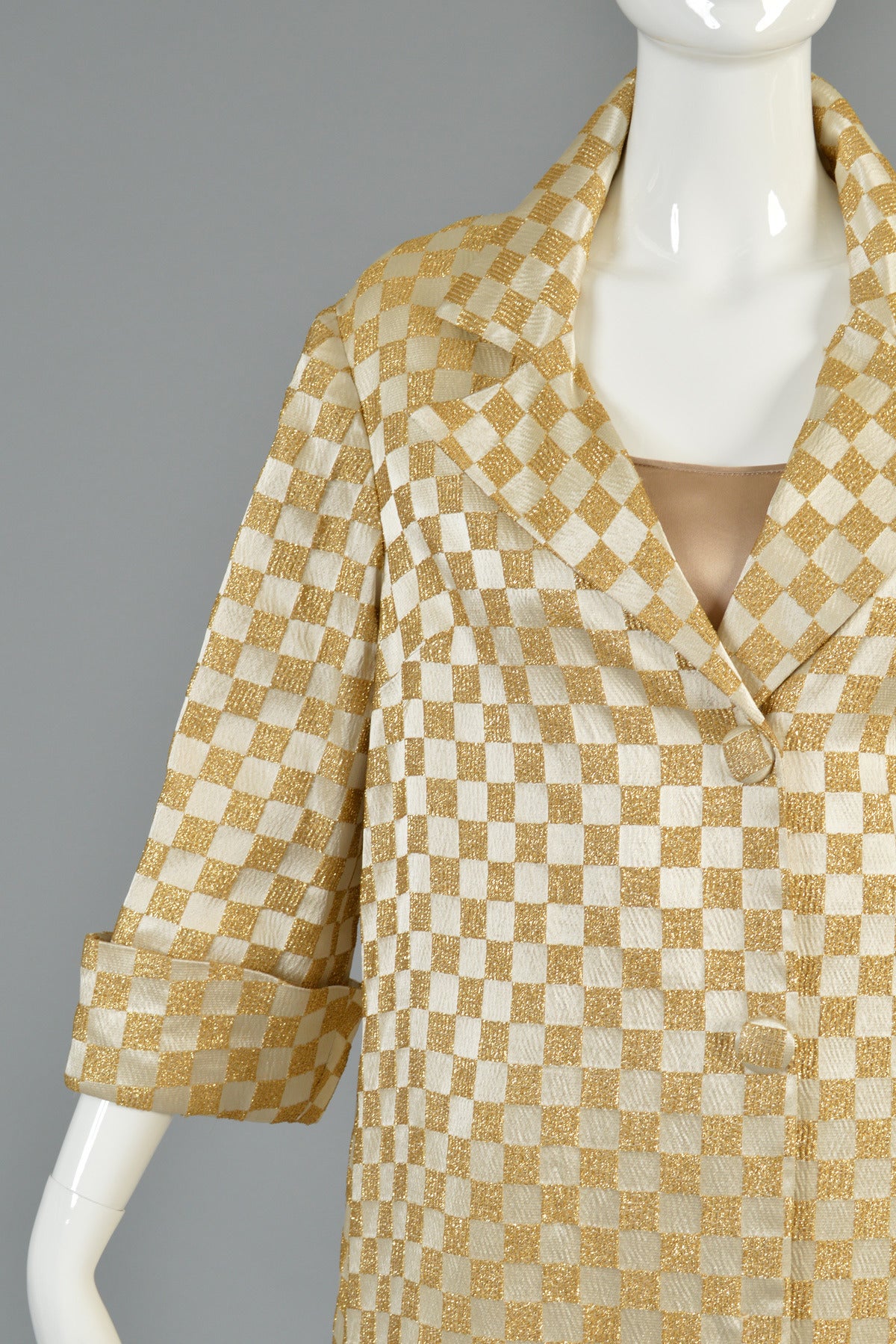 1960's Ivory + Gold Checkerboard Brocade Pant + Coat Ensemble 1