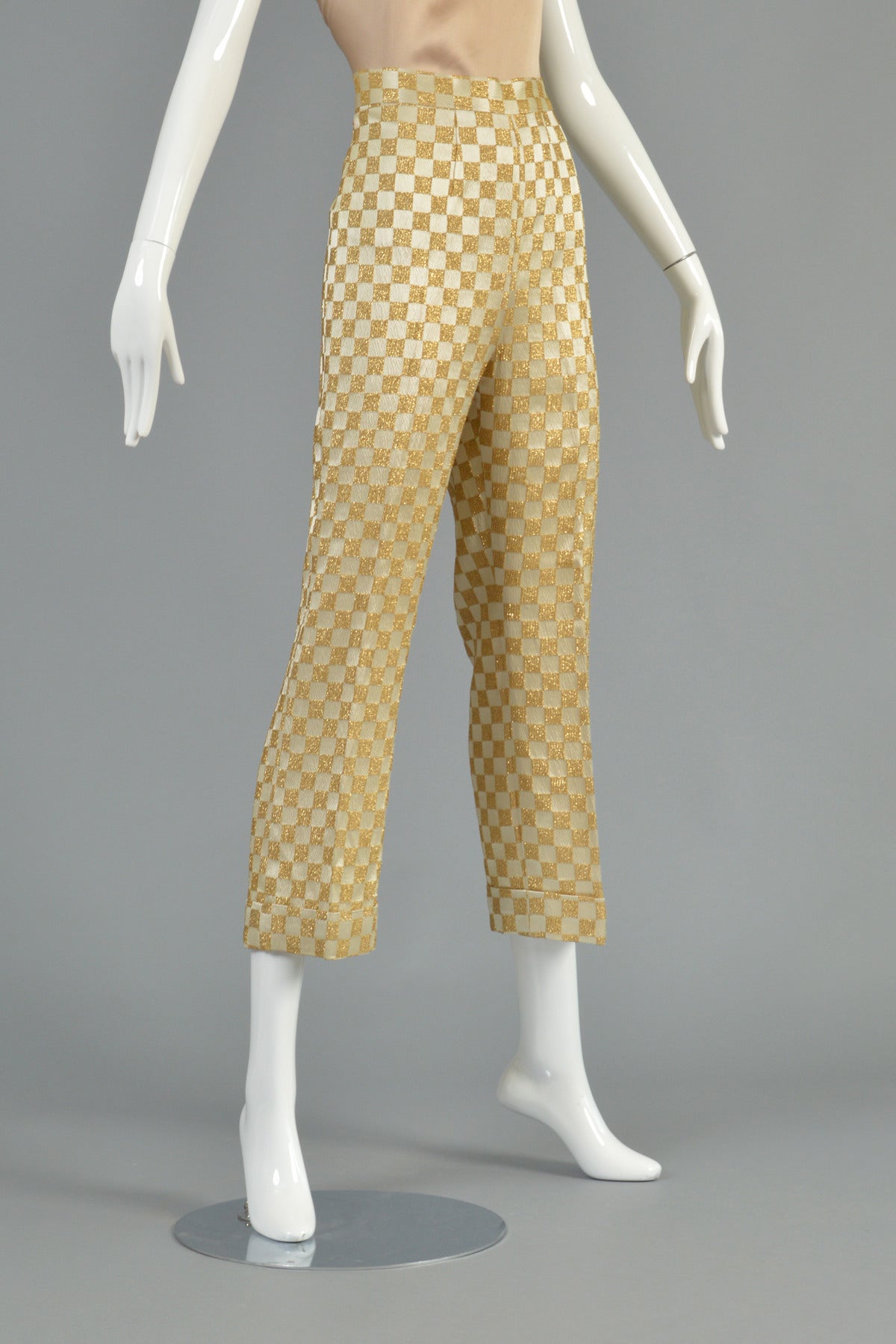 1960's Ivory + Gold Checkerboard Brocade Pant + Coat Ensemble 2