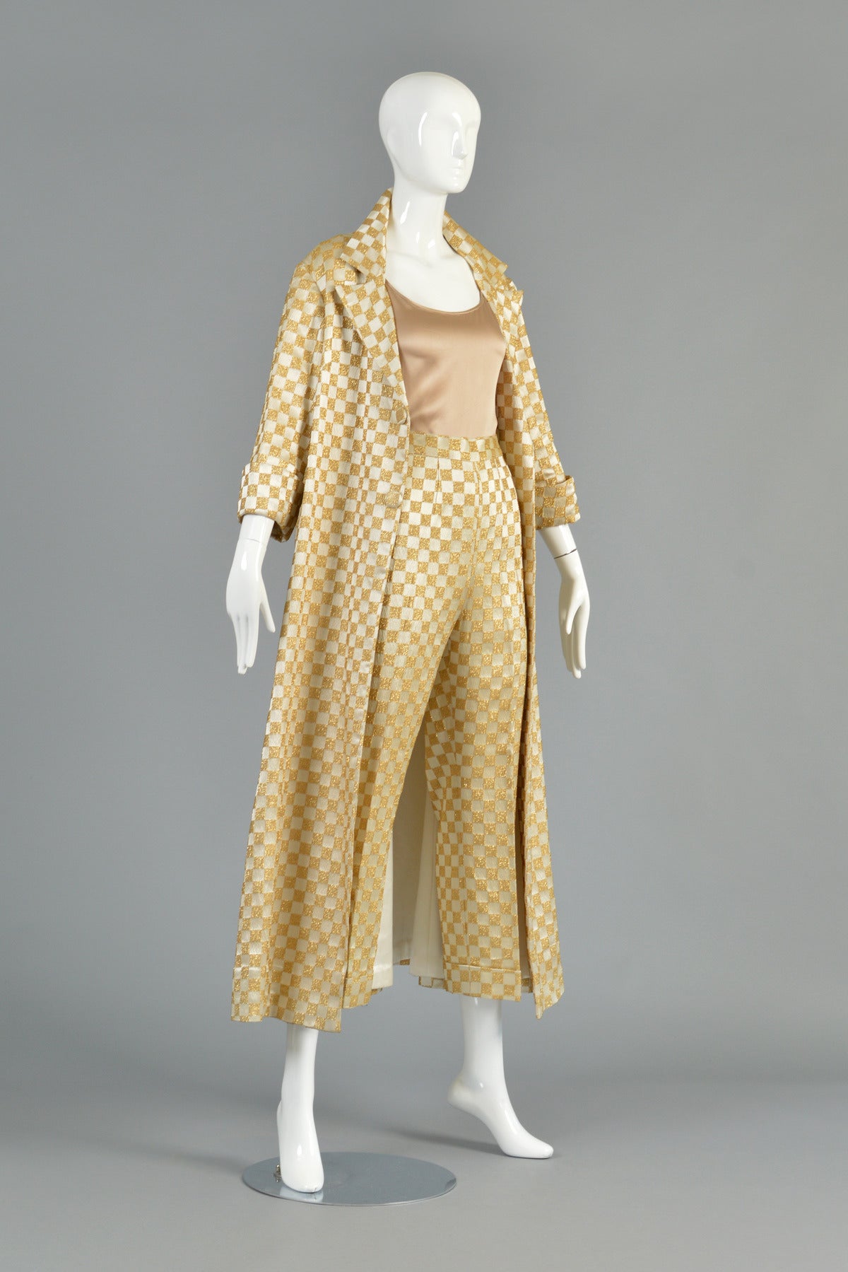 1960's Ivory + Gold Checkerboard Brocade Pant + Coat Ensemble 3