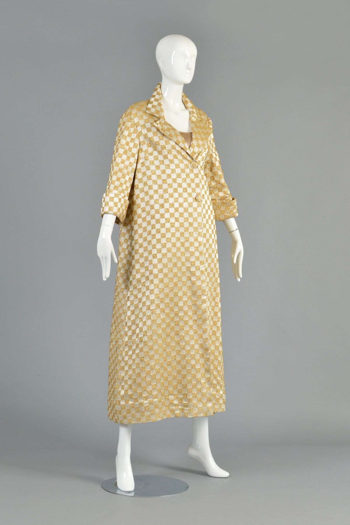 1960's Ivory + Gold Checkerboard Brocade Pant + Coat Ensemble 4