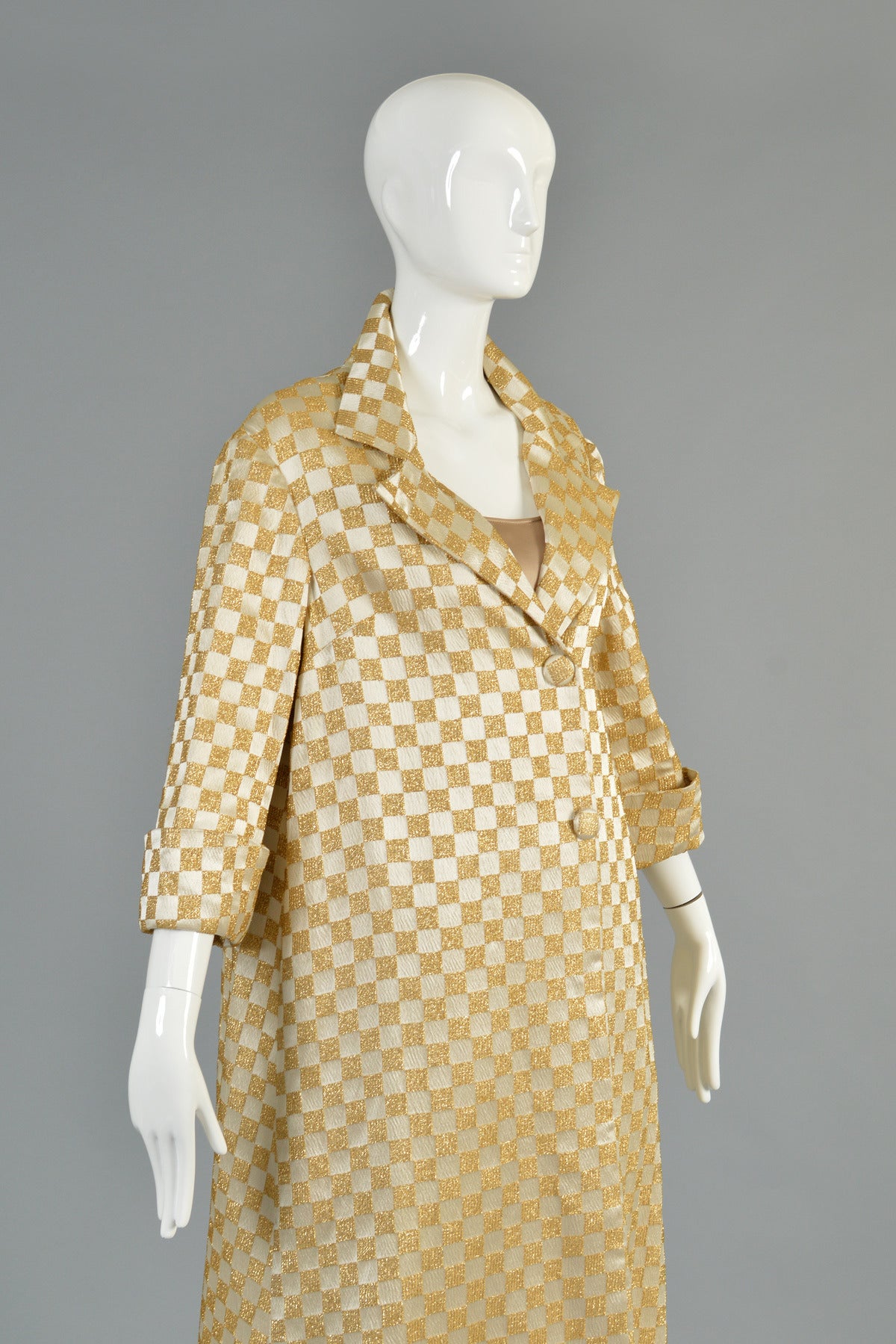 1960's Ivory + Gold Checkerboard Brocade Pant + Coat Ensemble 5