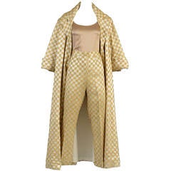 1960's Ivory + Gold Checkerboard Brocade Pant + Coat Ensemble