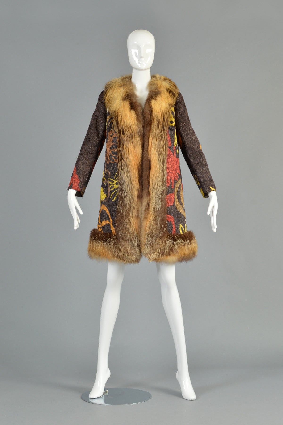 1960s Bill Blass Metallic Jacquard + Fox Fur Coat In Excellent Condition In Yucca Valley, CA