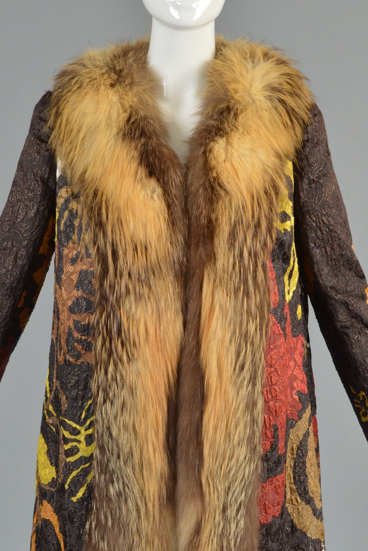1960s Bill Blass Metallic Jacquard + Fox Fur Coat 1