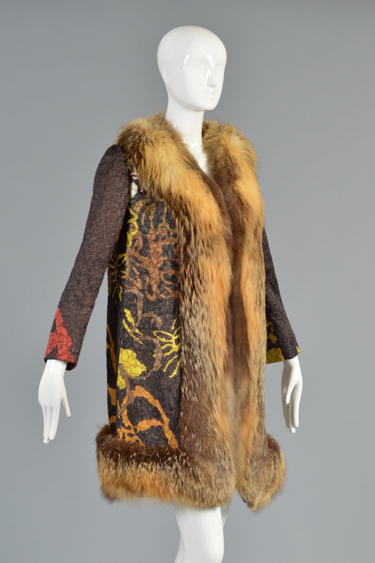 1960s Bill Blass Metallic Jacquard + Fox Fur Coat 2