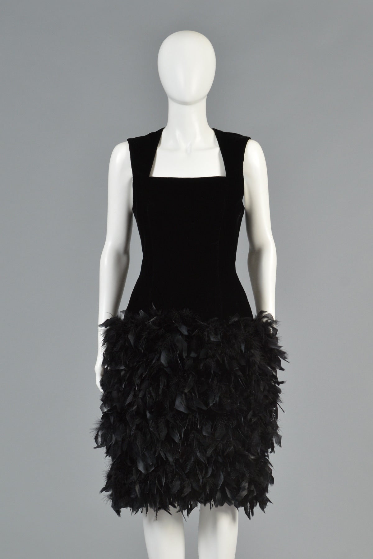 Black Velvet Cocktail Dress with Feathered Skirt In Excellent Condition For Sale In Yucca Valley, CA