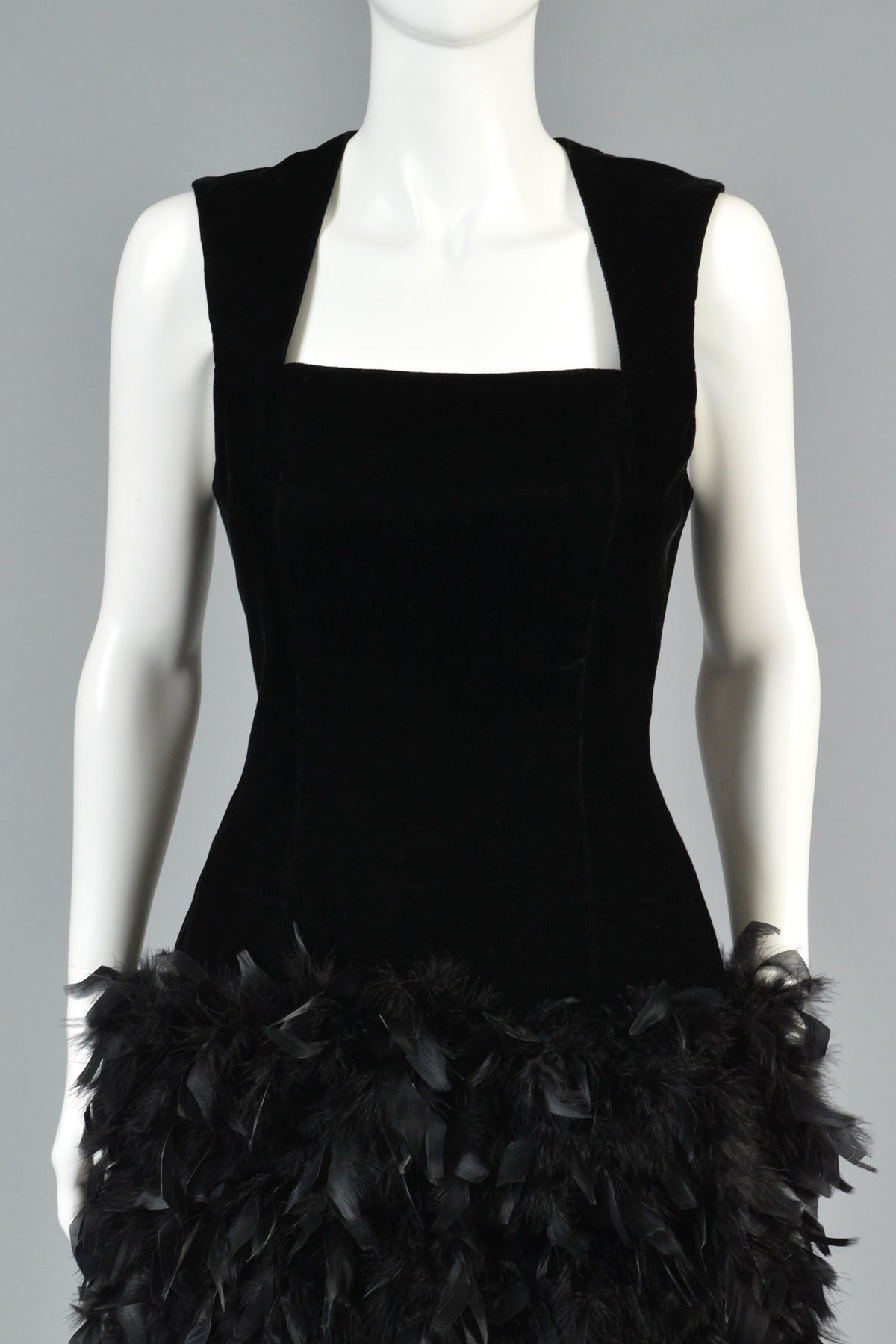 Women's Black Velvet Cocktail Dress with Feathered Skirt For Sale