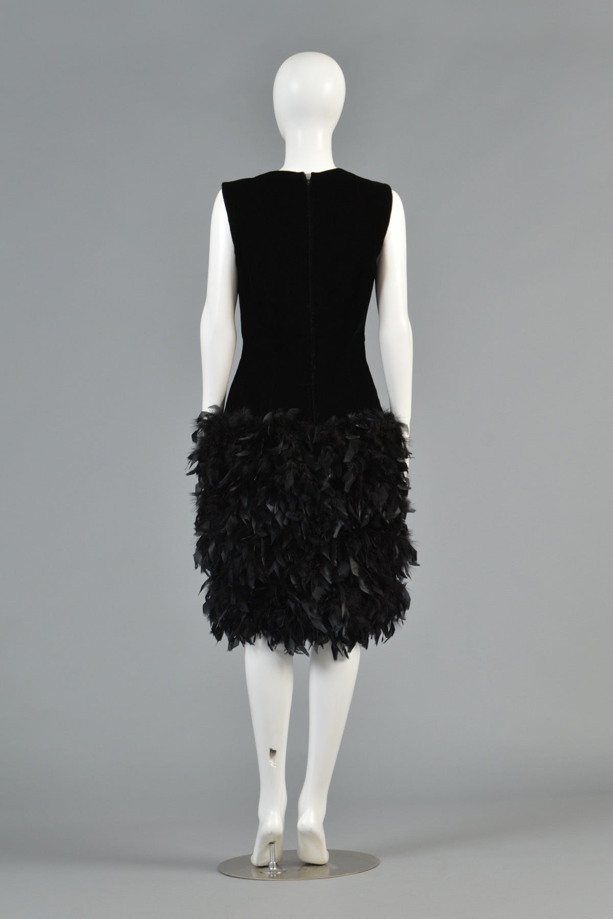 Black Velvet Cocktail Dress with Feathered Skirt For Sale 1