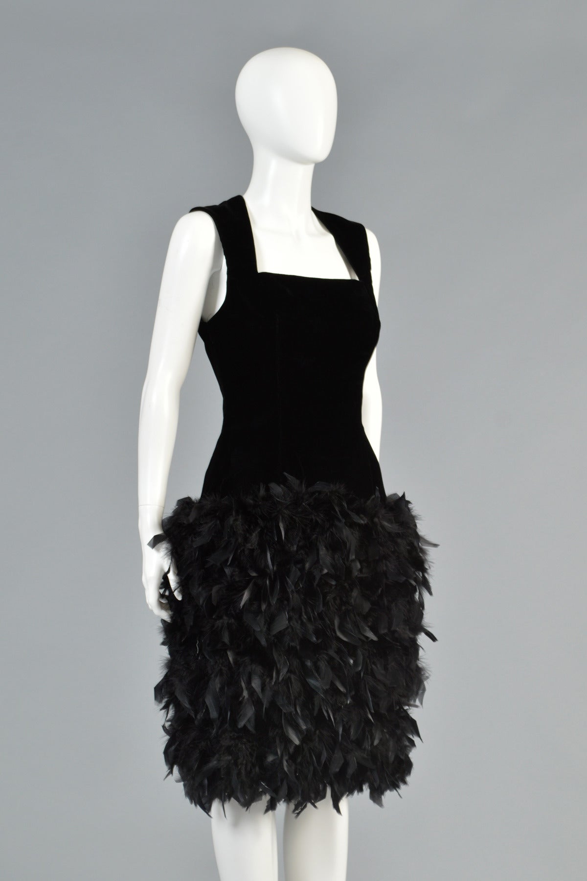 Black Velvet Cocktail Dress with Feathered Skirt For Sale 2