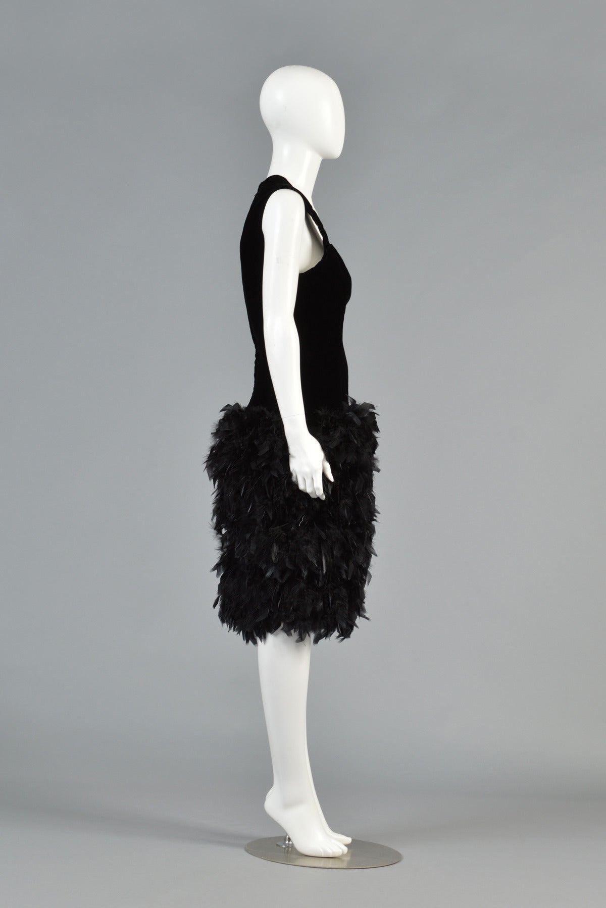 Black Velvet Cocktail Dress with Feathered Skirt For Sale 3