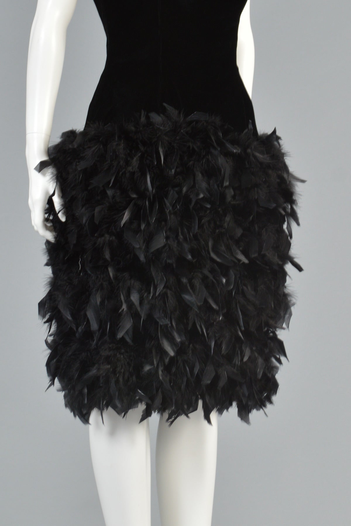 Black Velvet Cocktail Dress with Feathered Skirt For Sale 4