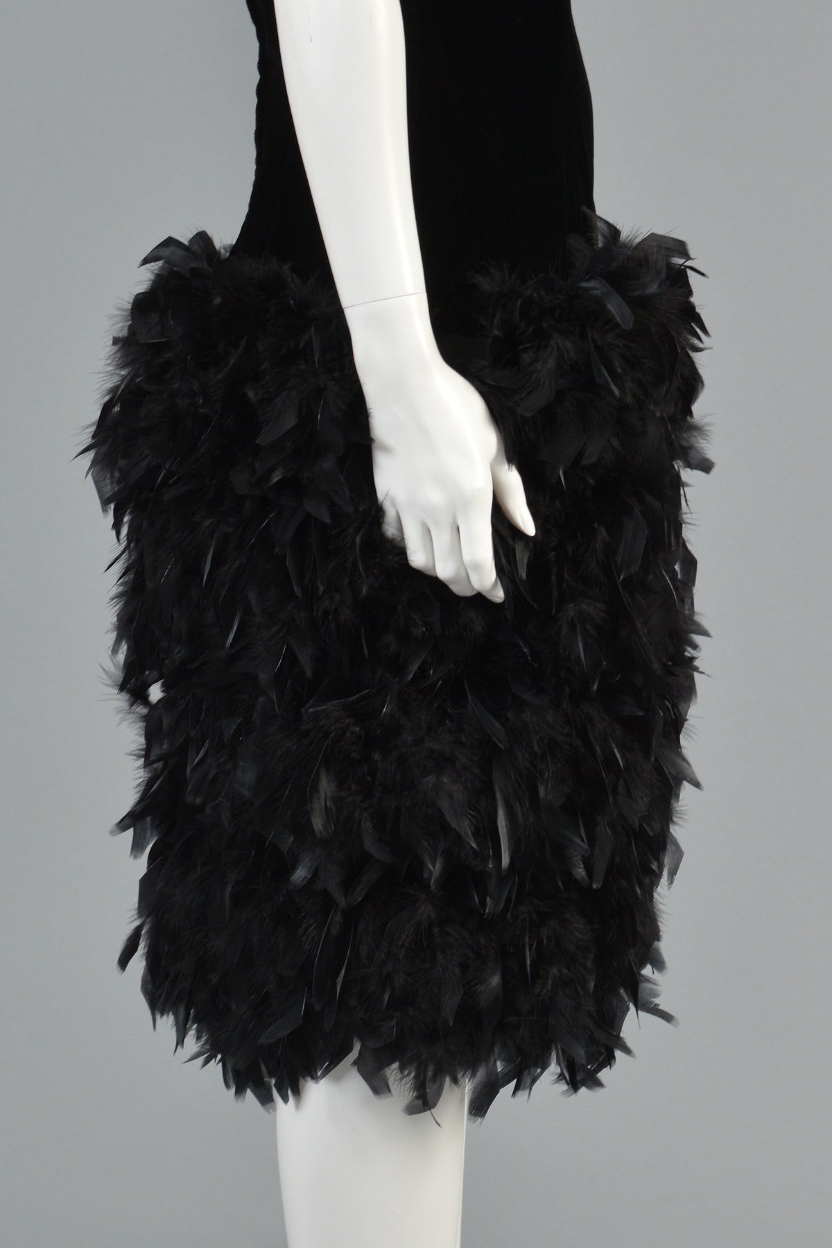 Black Velvet Cocktail Dress with Feathered Skirt For Sale 5