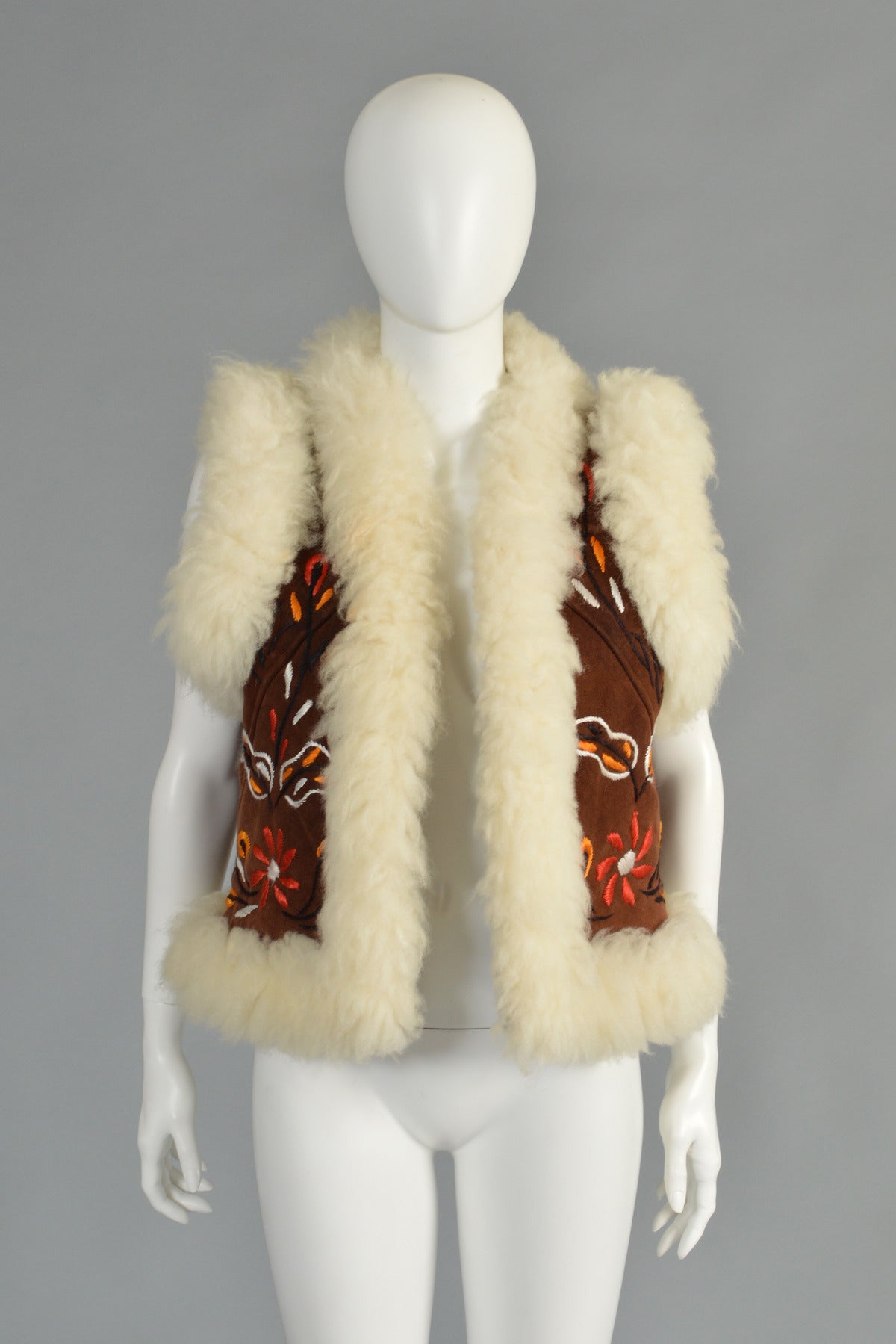 1960s Embroidered Shearling Fur Gilet In Excellent Condition In Yucca Valley, CA