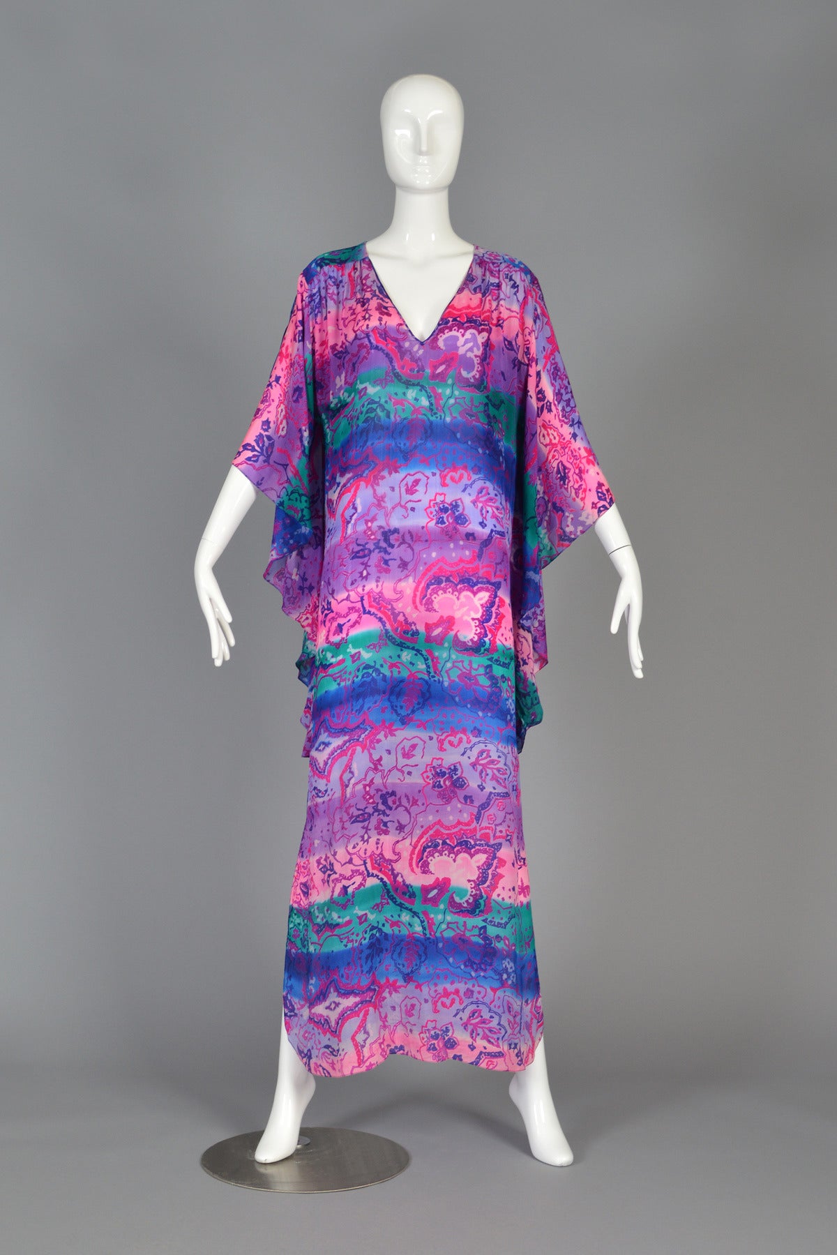 Christian 1980's Dior Silk Floral Caftan Maxi Dress In Excellent Condition In Yucca Valley, CA