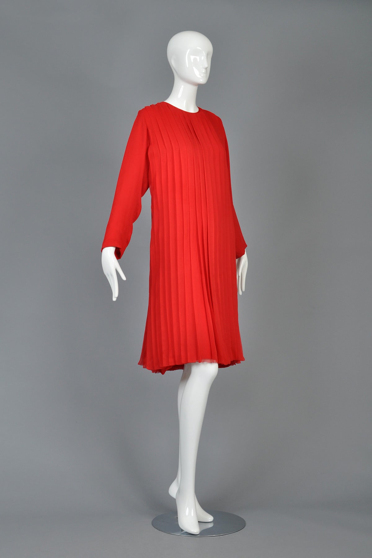 Galanos Ruby Red Pleated Silk Dress In Excellent Condition In Yucca Valley, CA