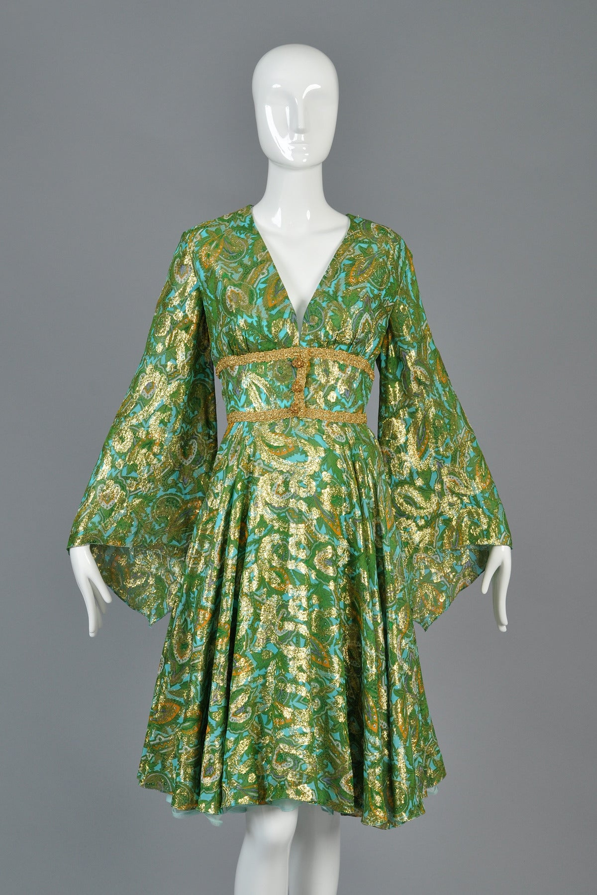 Gray 1960s Fred Perlberg Metallic Silk Brocade Dress with Angel Sleeves