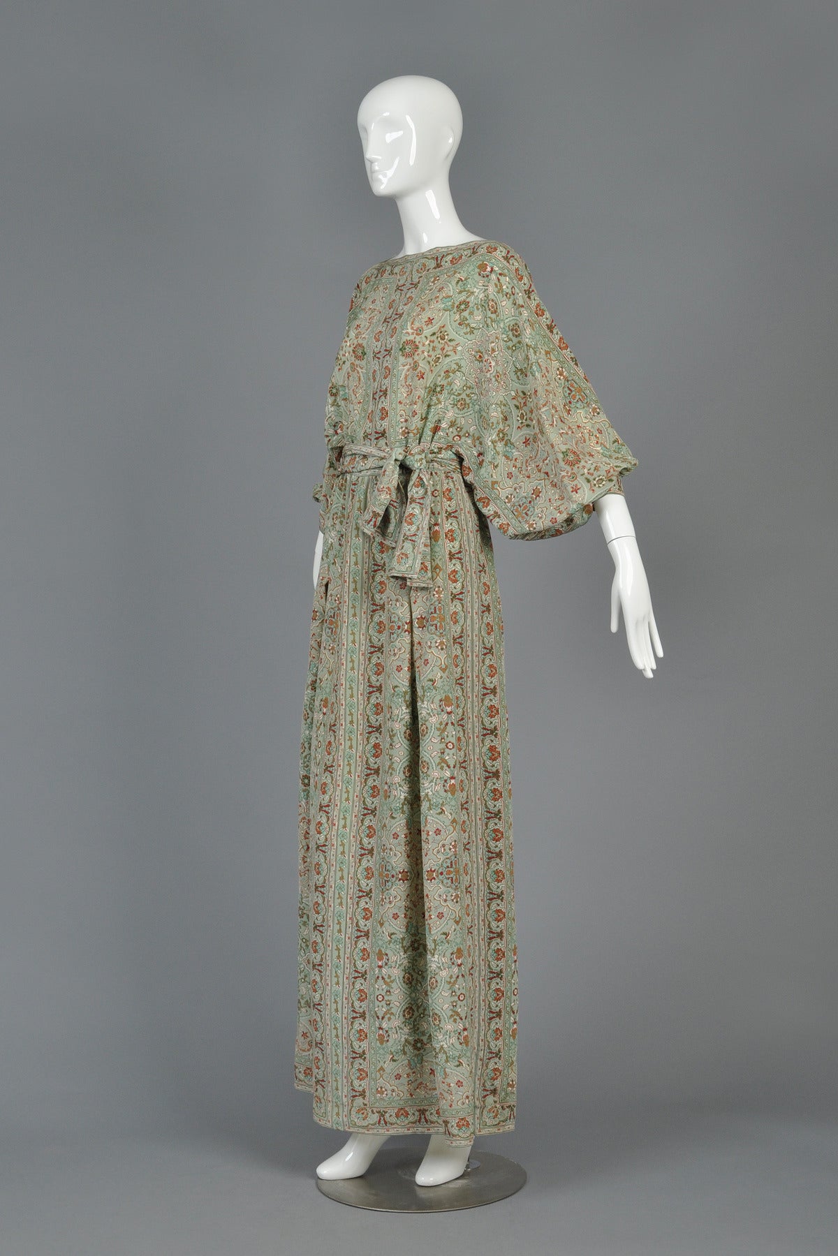 La Mendola 1970's Ethnic Silk Maxi Dress with Blouson Sleeves 2