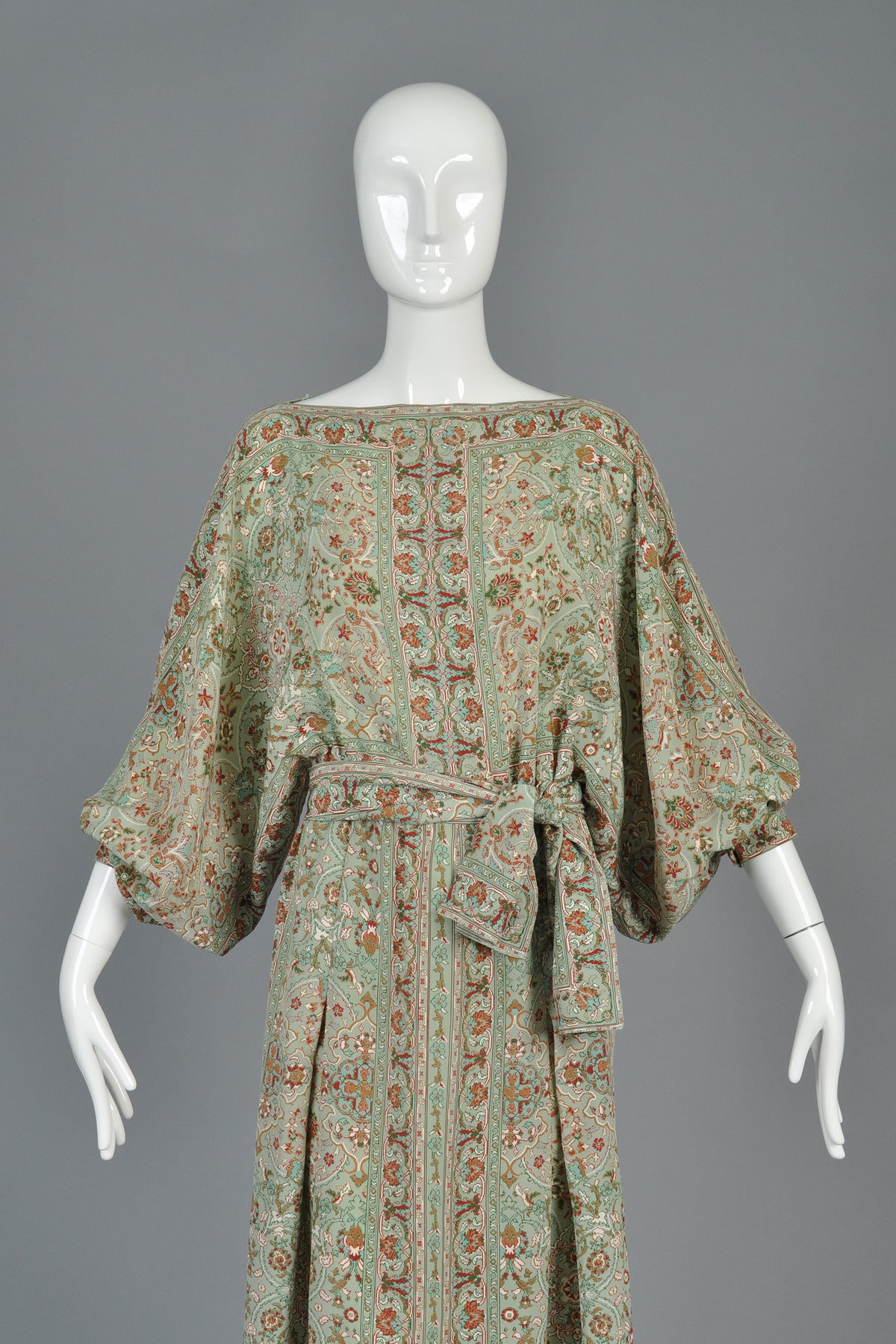Gray La Mendola 1970's Ethnic Silk Maxi Dress with Blouson Sleeves