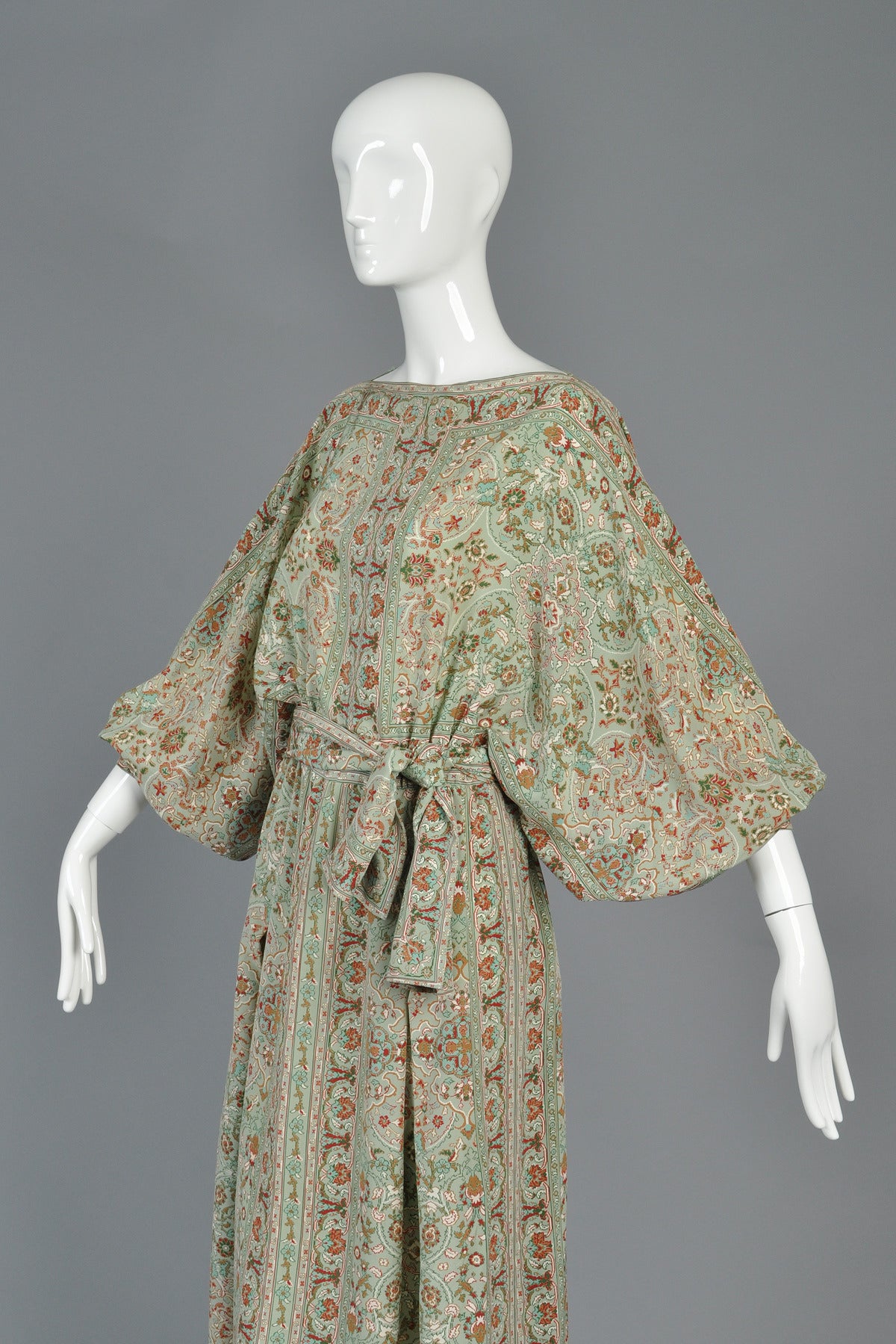 La Mendola 1970's Ethnic Silk Maxi Dress with Blouson Sleeves 3