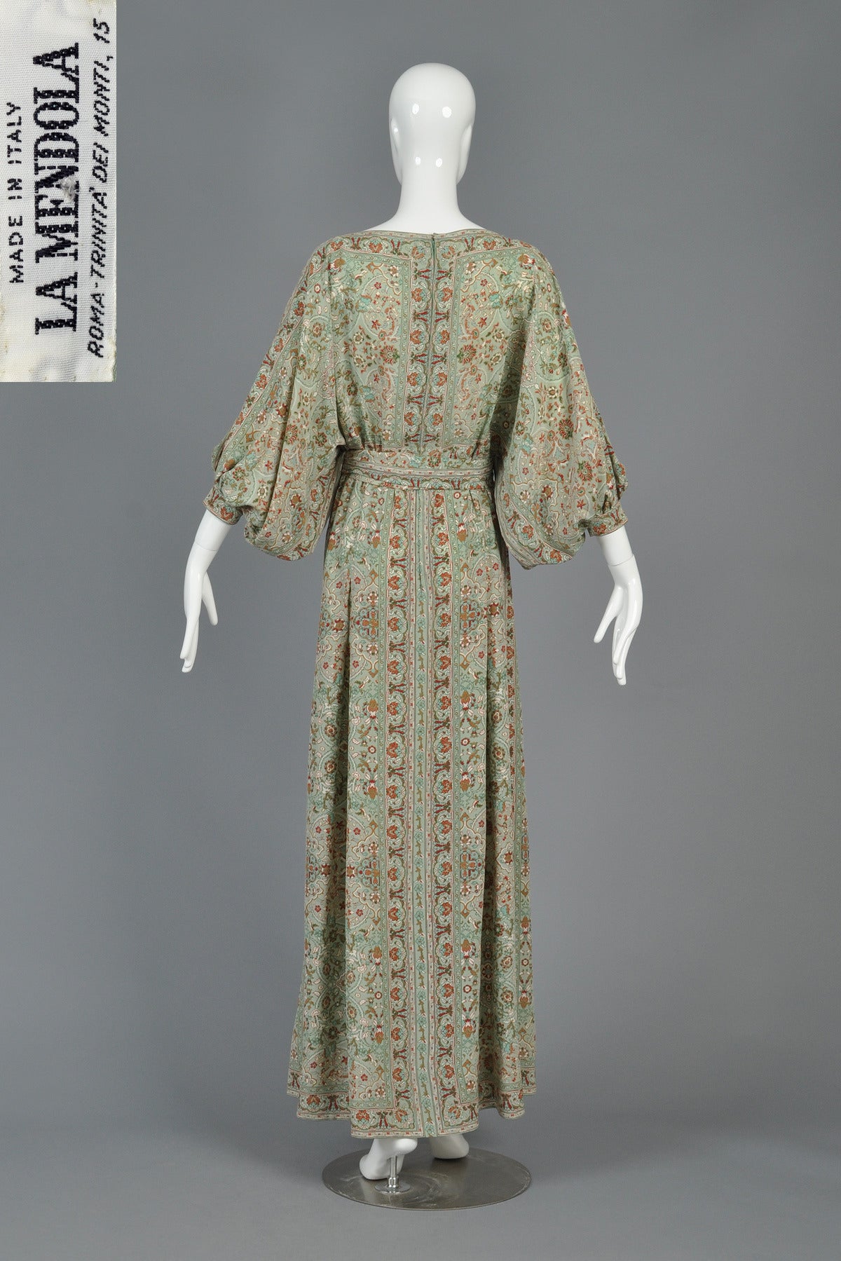 La Mendola 1970's Ethnic Silk Maxi Dress with Blouson Sleeves 5
