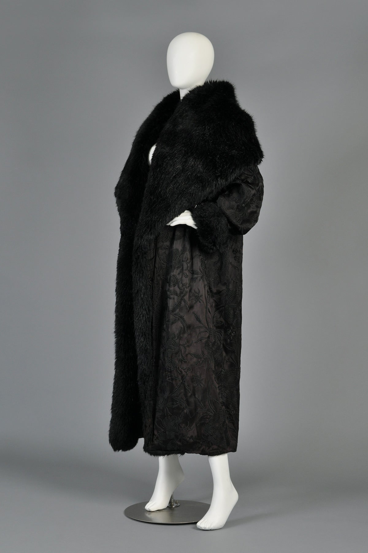 Norma Kamali Embroidered Satin Coat with MASSIVE Fur-lined Hood 4