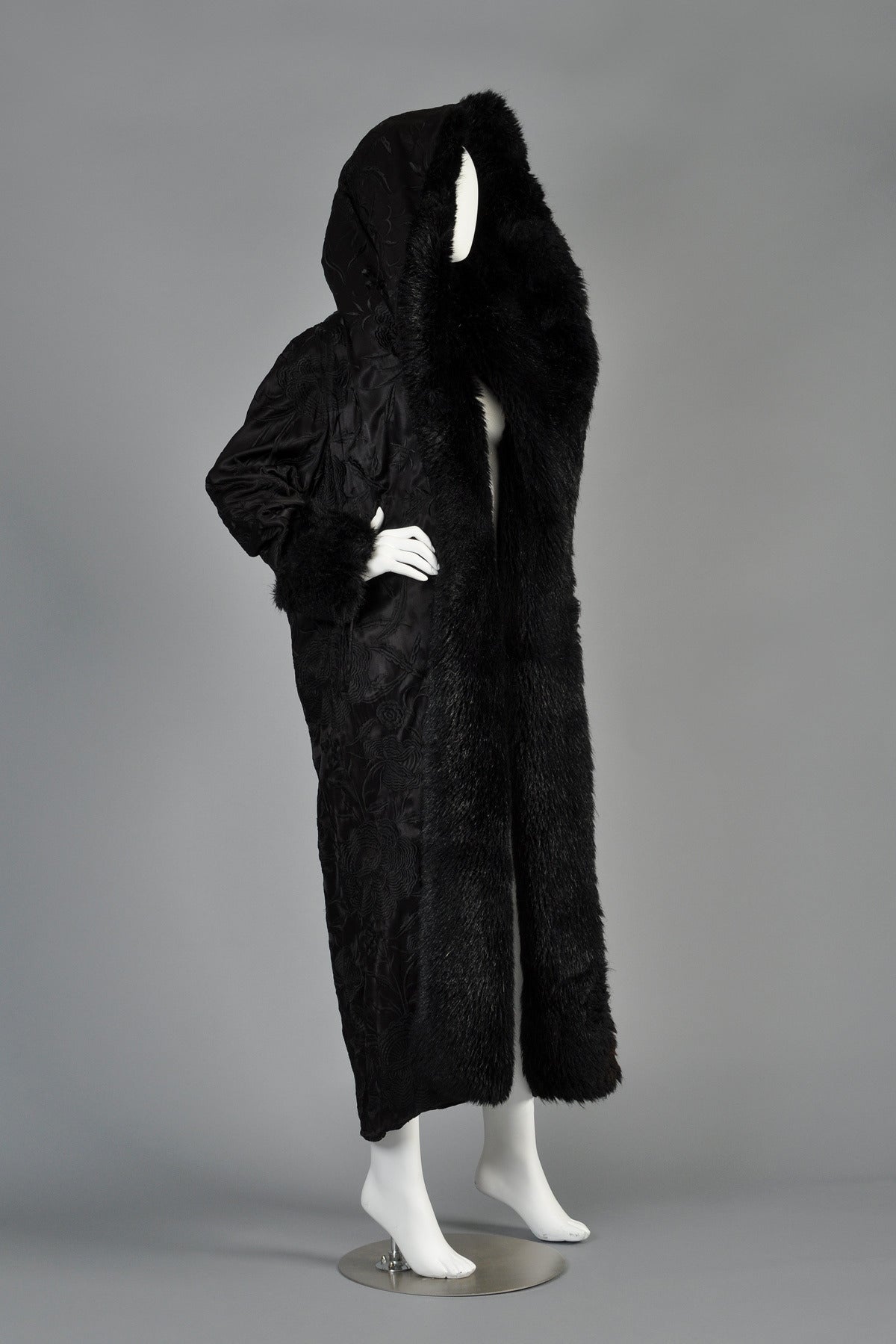 Women's Norma Kamali Embroidered Satin Coat with MASSIVE Fur-lined Hood