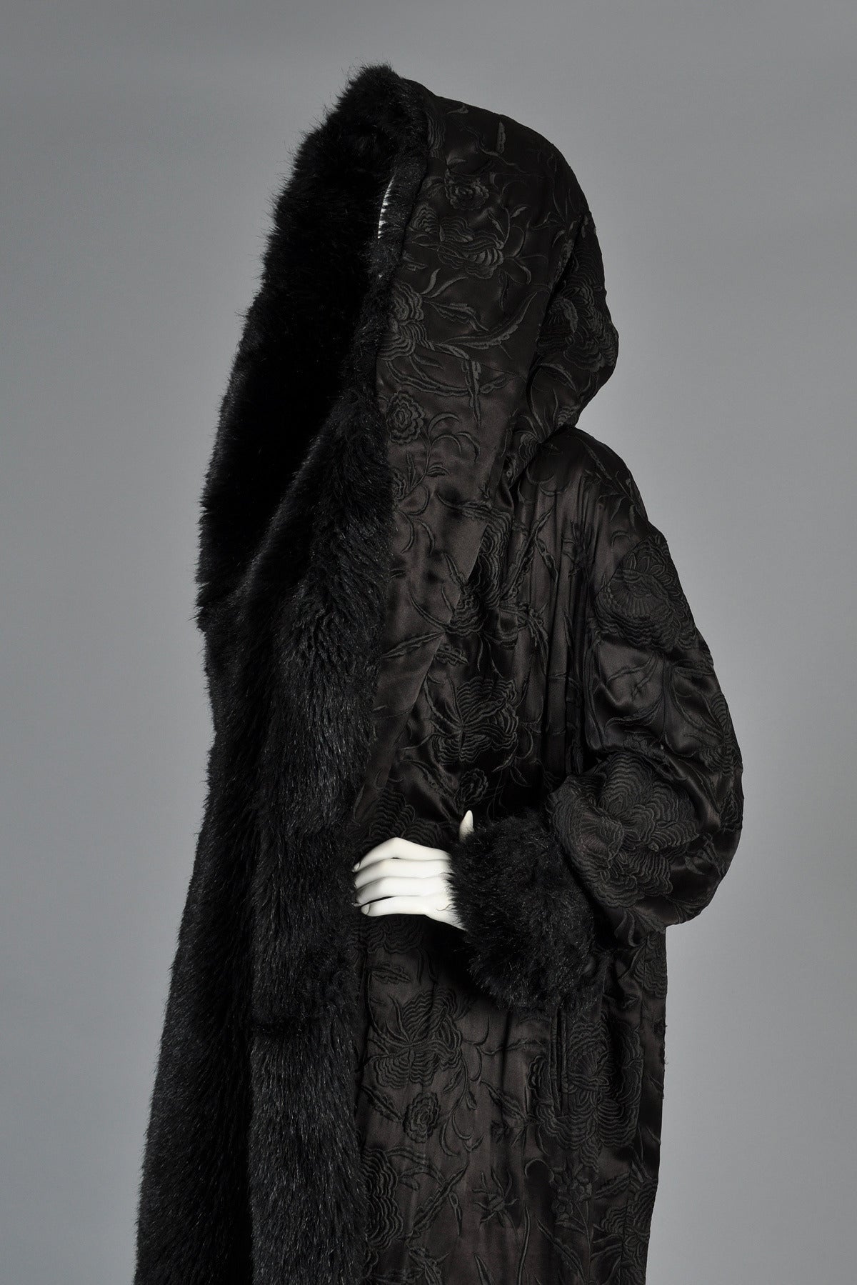 Norma Kamali Embroidered Satin Coat with MASSIVE Fur-lined Hood at 1stDibs