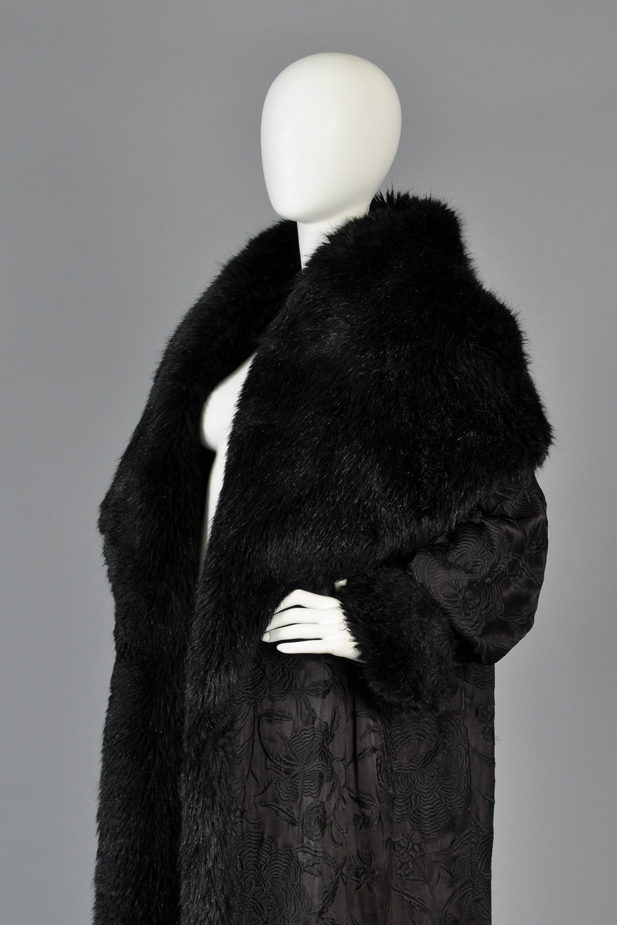 Norma Kamali Embroidered Satin Coat with MASSIVE Fur-lined Hood 2
