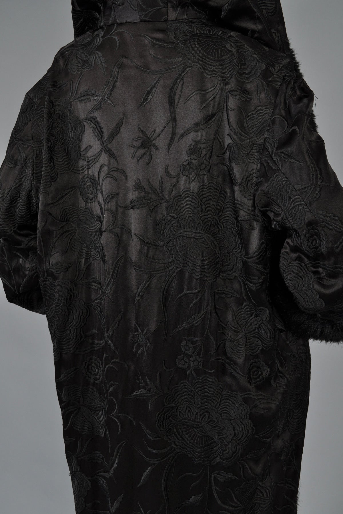 Norma Kamali Embroidered Satin Coat with MASSIVE Fur-lined Hood 3