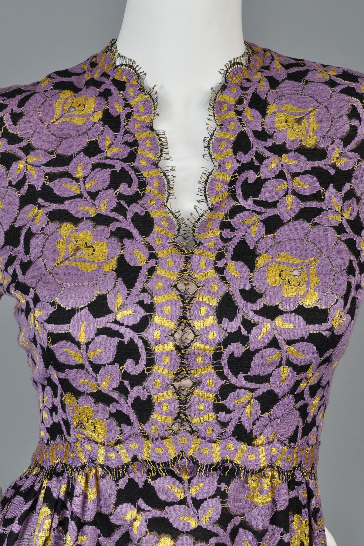 1970's Lavender + Black Lace Maxi Dress 1