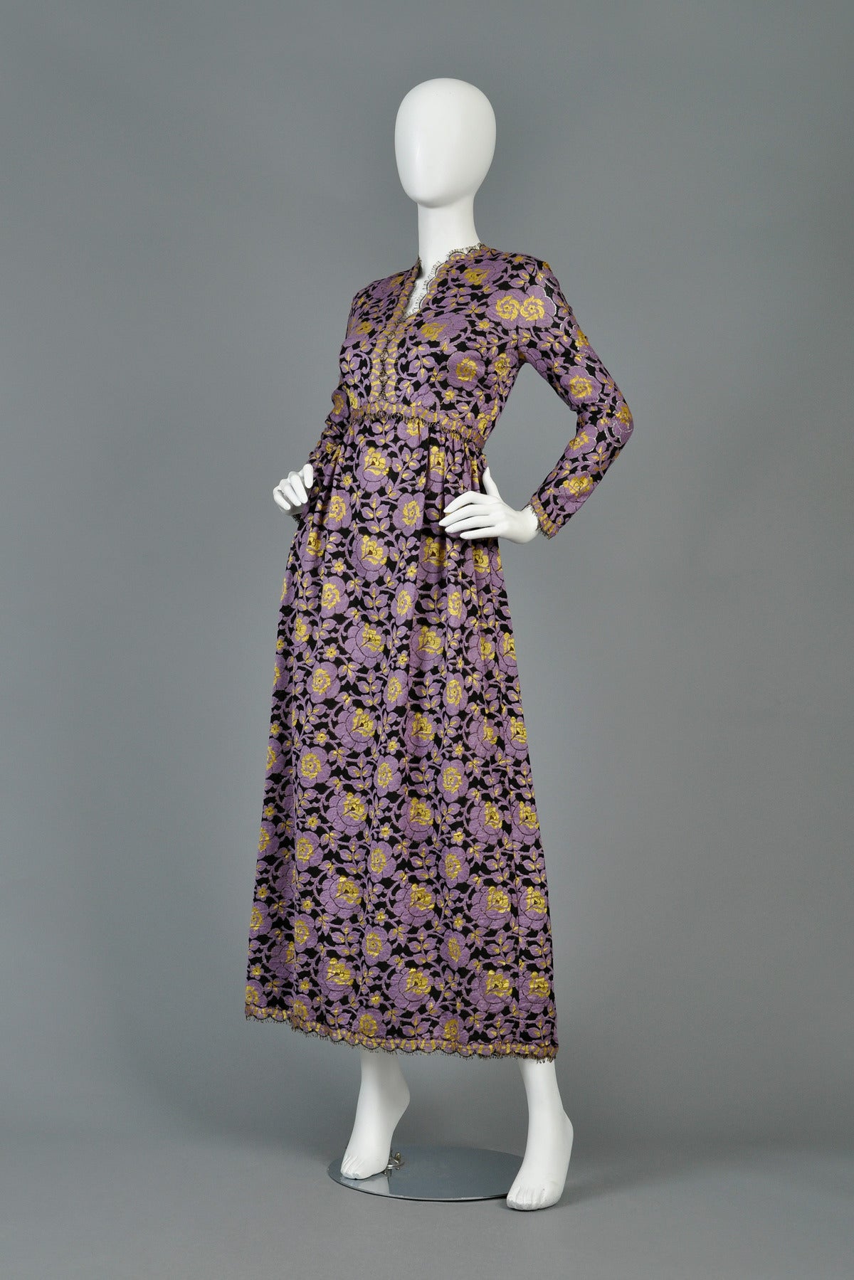 1970's Lavender + Black Lace Maxi Dress 2