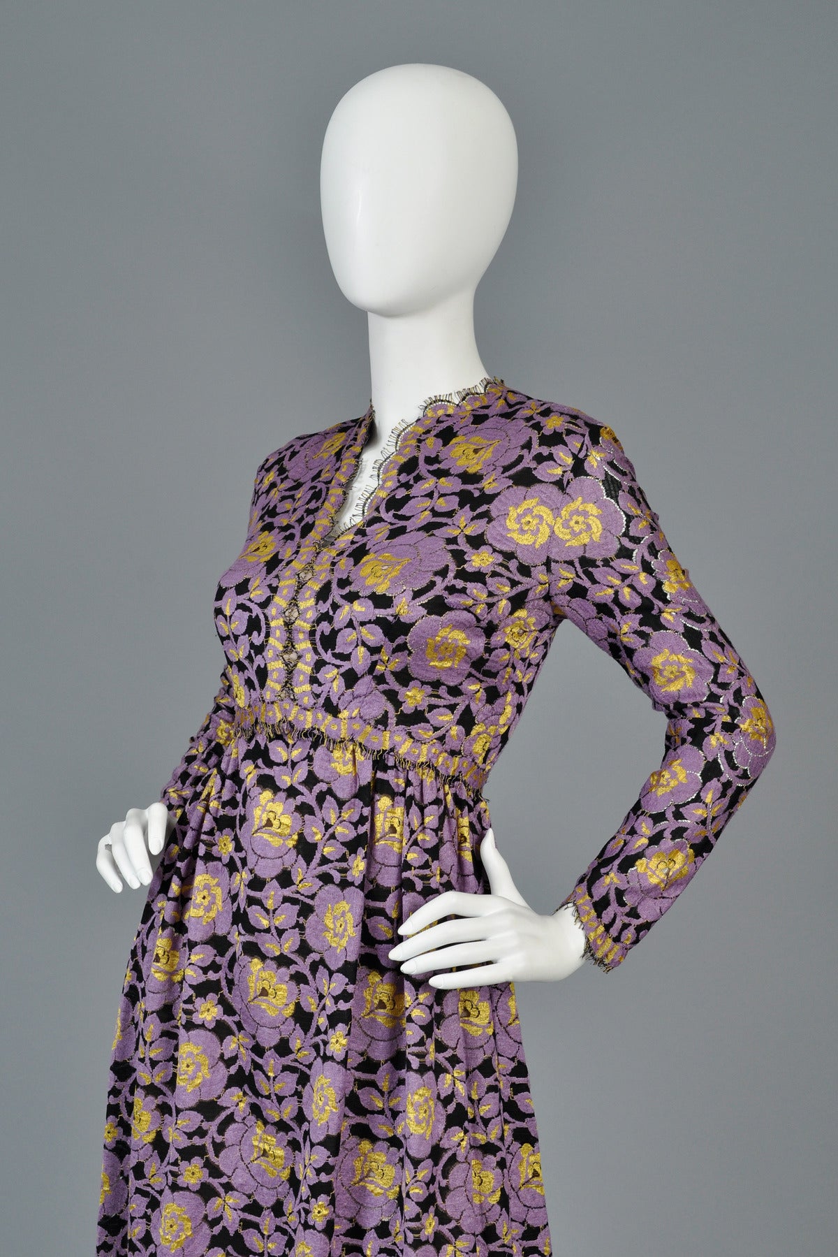 1970's Lavender + Black Lace Maxi Dress 3