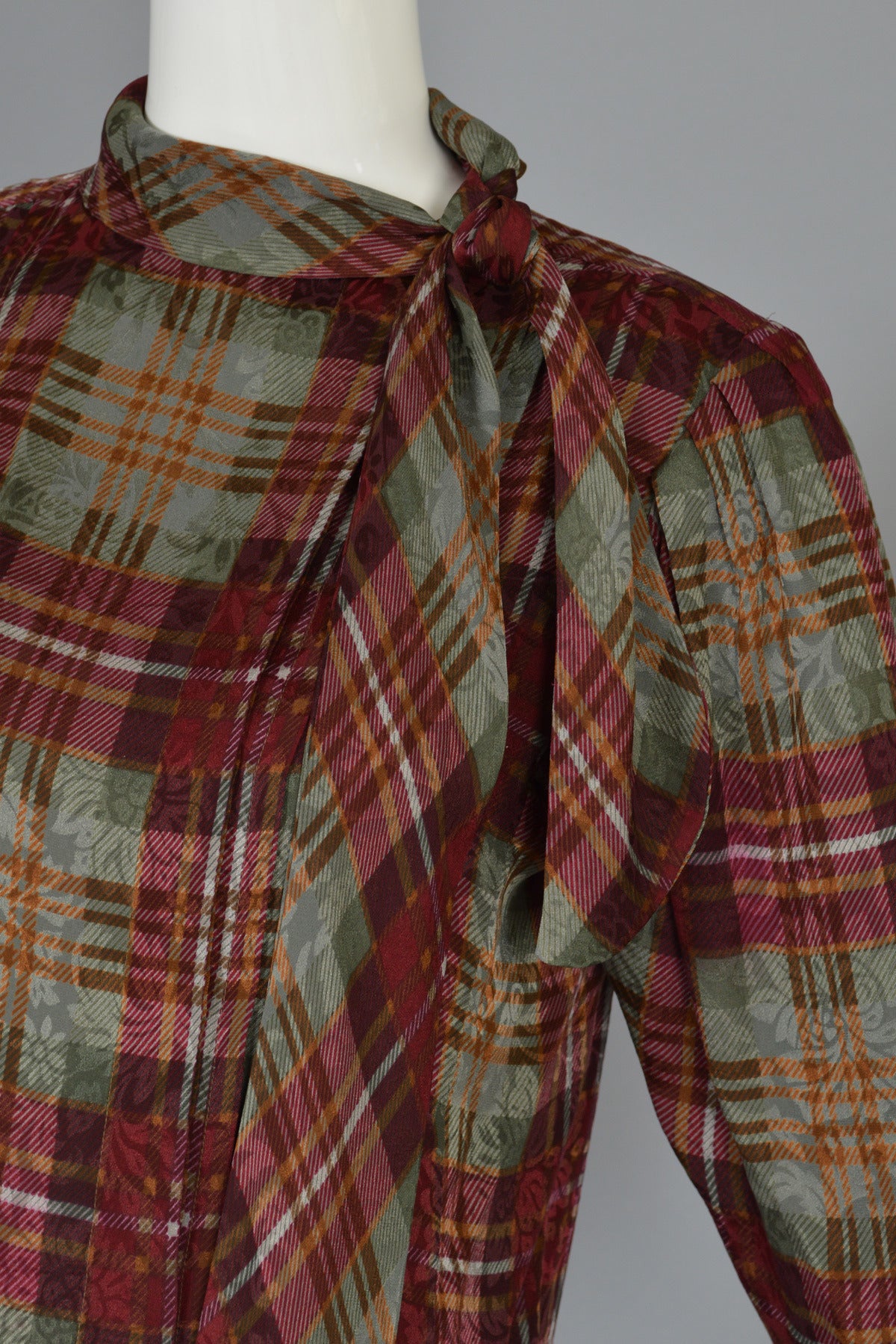 Emanuel Ungaro 1980's Plaid Silk Blouse with Ascot In Excellent Condition In Yucca Valley, CA