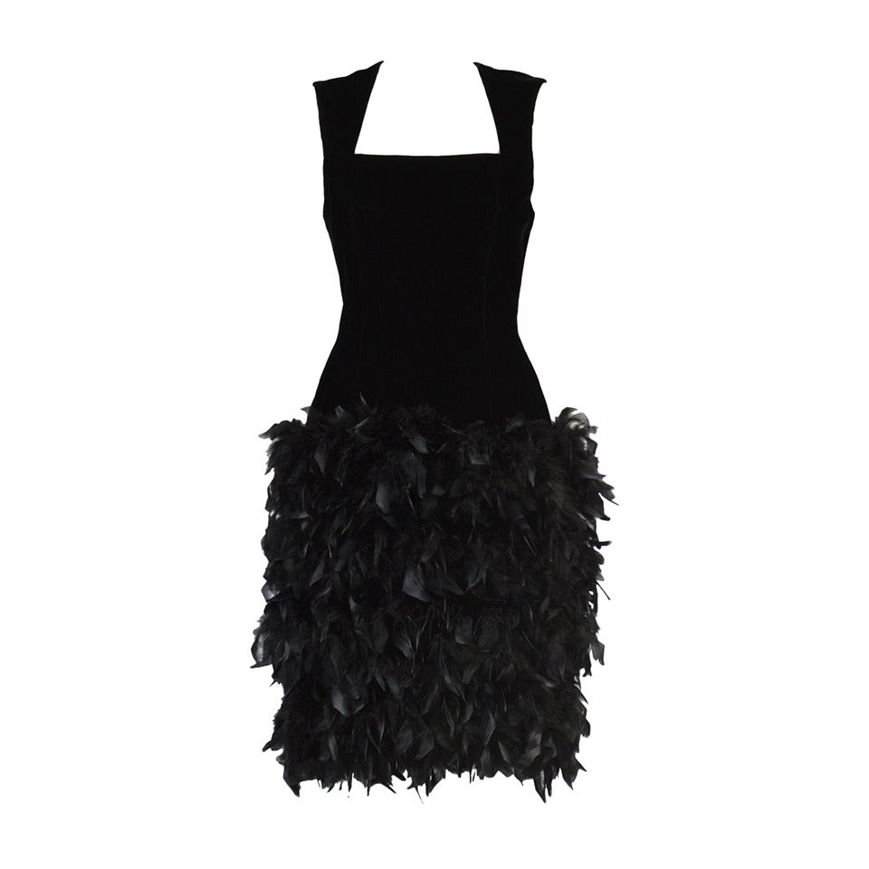 Black Velvet Cocktail Dress with Feathered Skirt For Sale at 1stDibs