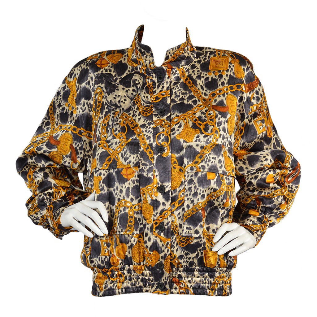 Escada Quilted Silk Bomber Jacket with Hunting Dog Motif