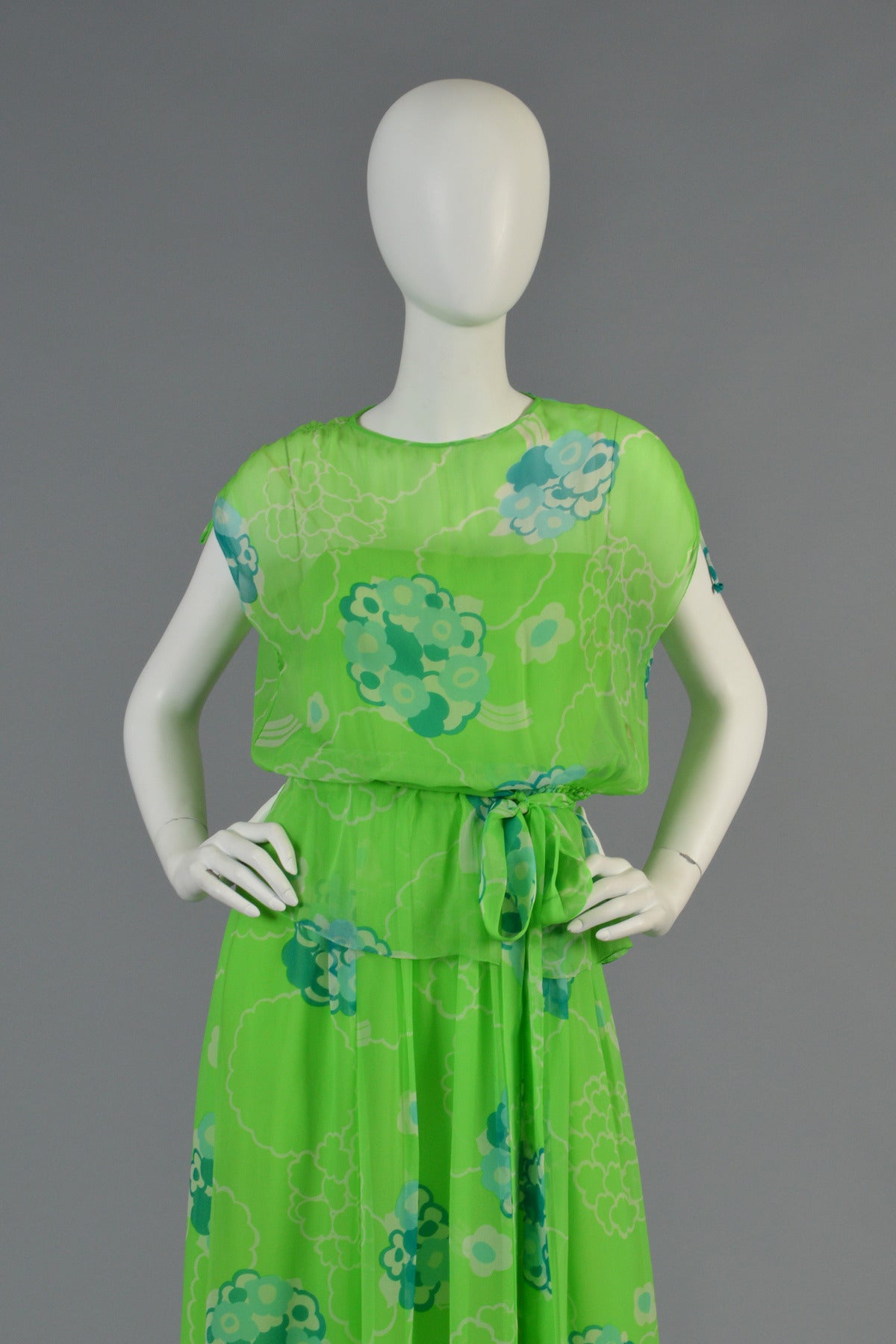 Green Adele Simpson 1970's 3pc Silk Chiffon Floral Gown For Sale