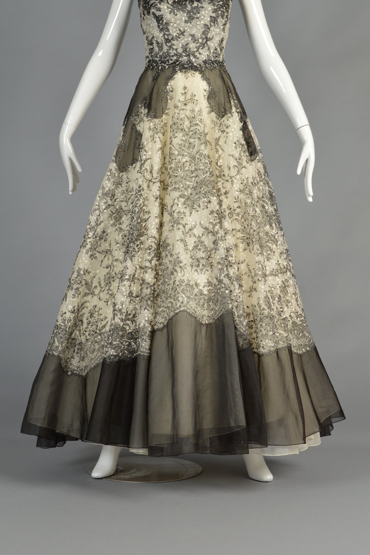 Showstopping 1950's Nan Duskin Black and White Organza and Lace Gown For Sale 1