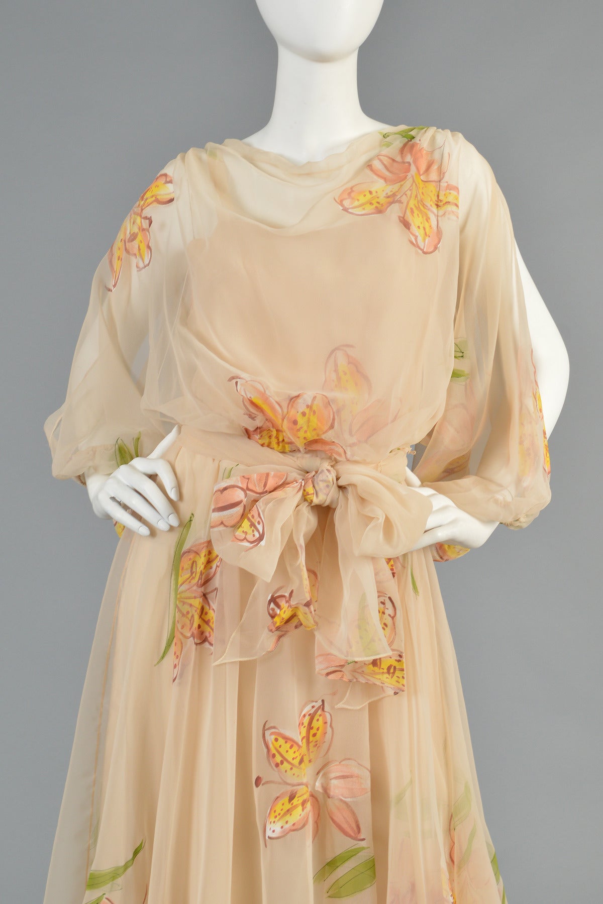 Mignon 1970's Hand Painted Floral Chiffon Dress with Open Sleeves 1