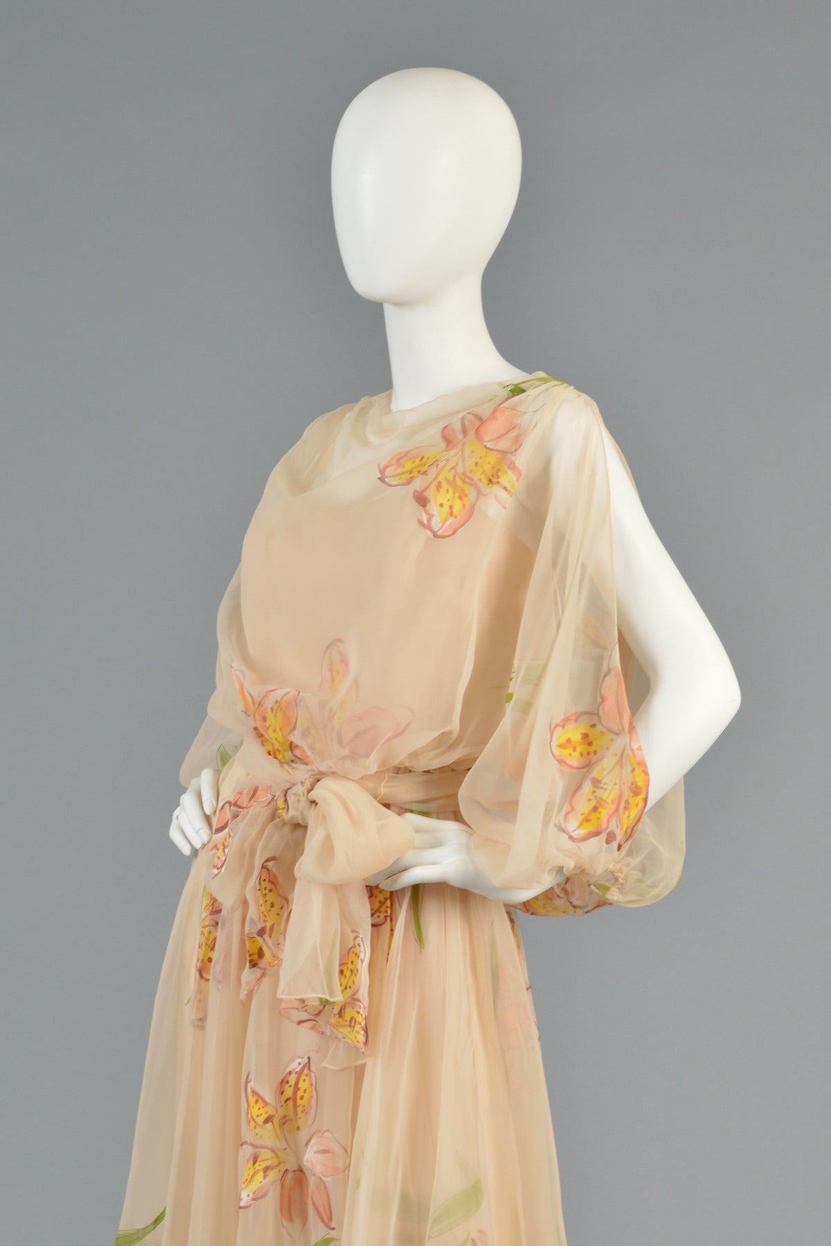 Mignon 1970's Hand Painted Floral Chiffon Dress with Open Sleeves 2