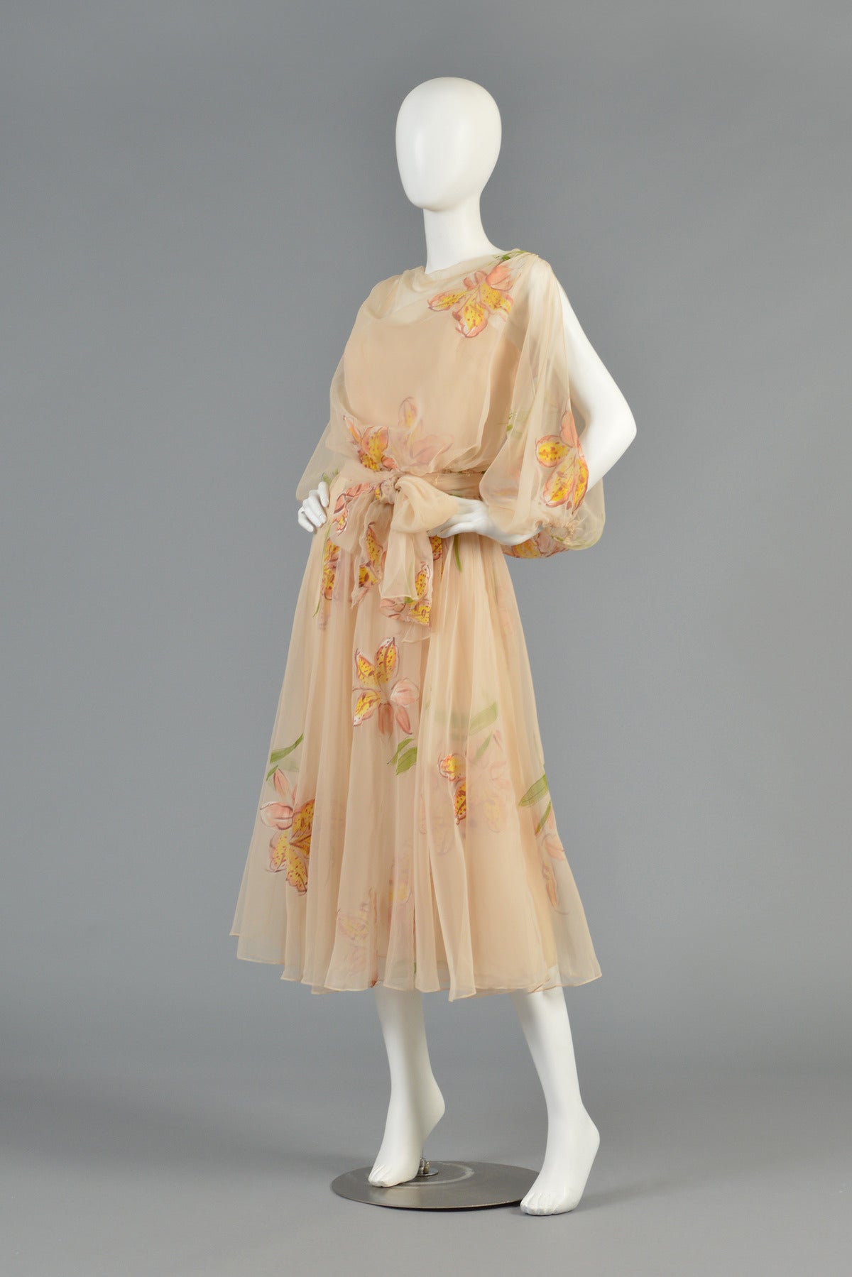 Mignon 1970's Hand Painted Floral Chiffon Dress with Open Sleeves 3