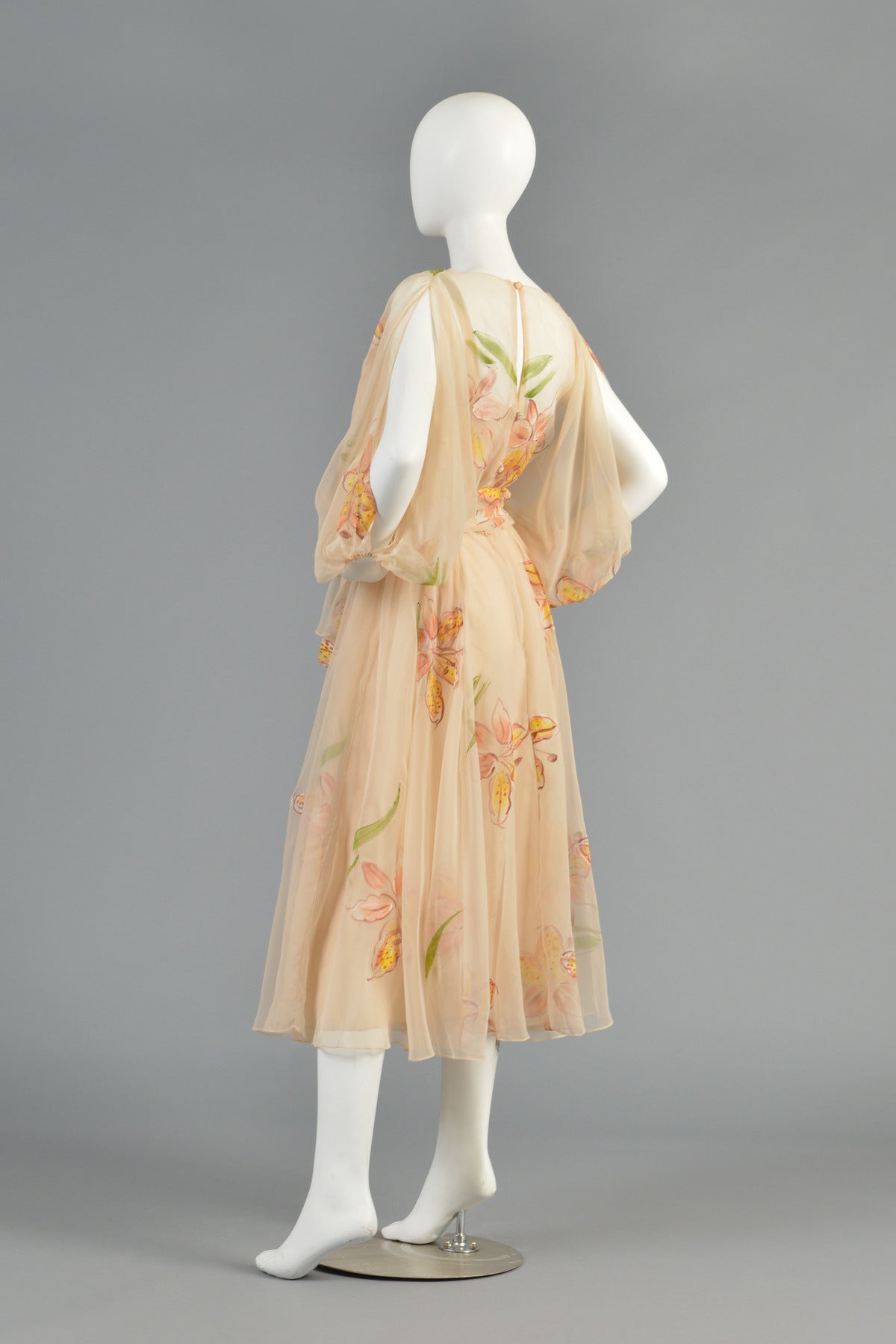 Mignon 1970's Hand Painted Floral Chiffon Dress with Open Sleeves 4