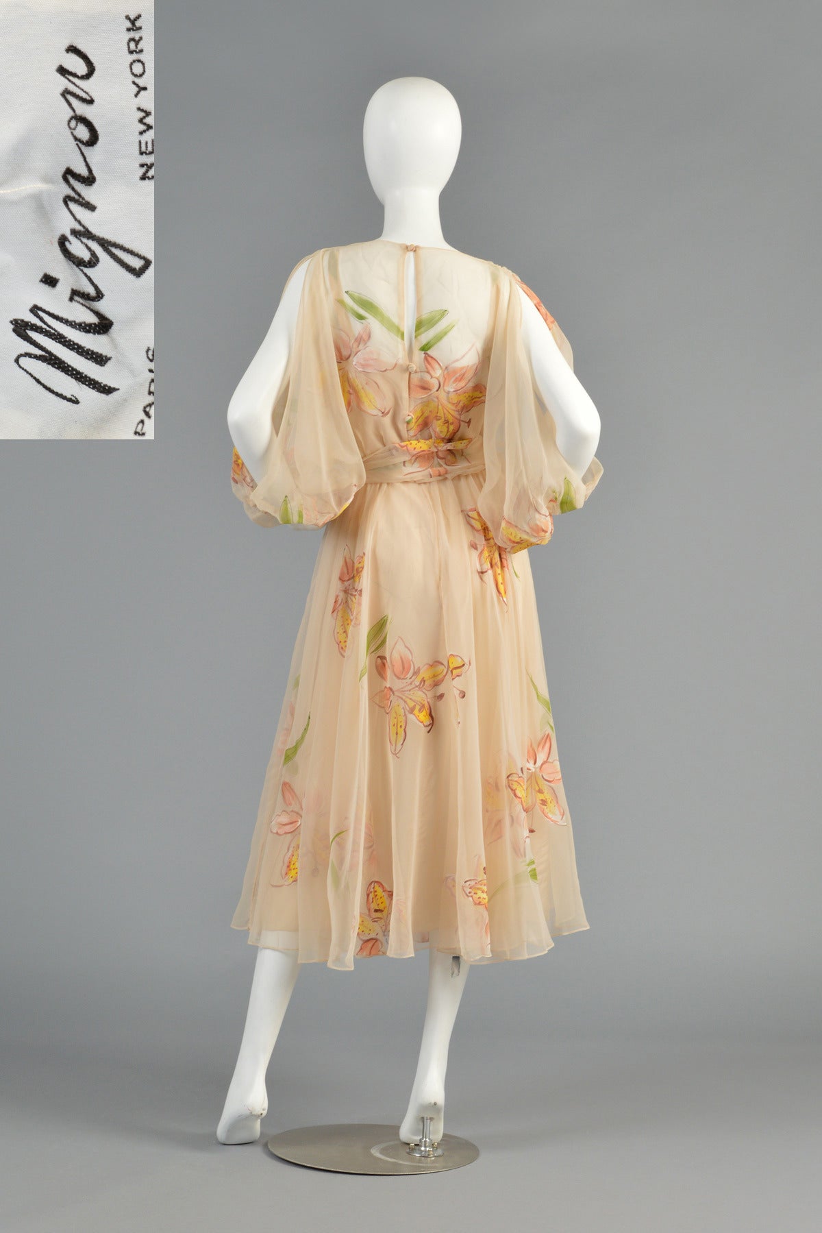 Mignon 1970's Hand Painted Floral Chiffon Dress with Open Sleeves 5