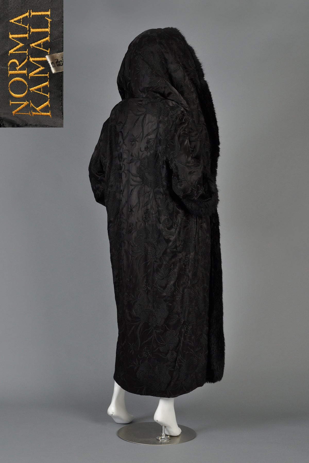 Norma Kamali Embroidered Satin Coat with MASSIVE Fur-lined Hood 5