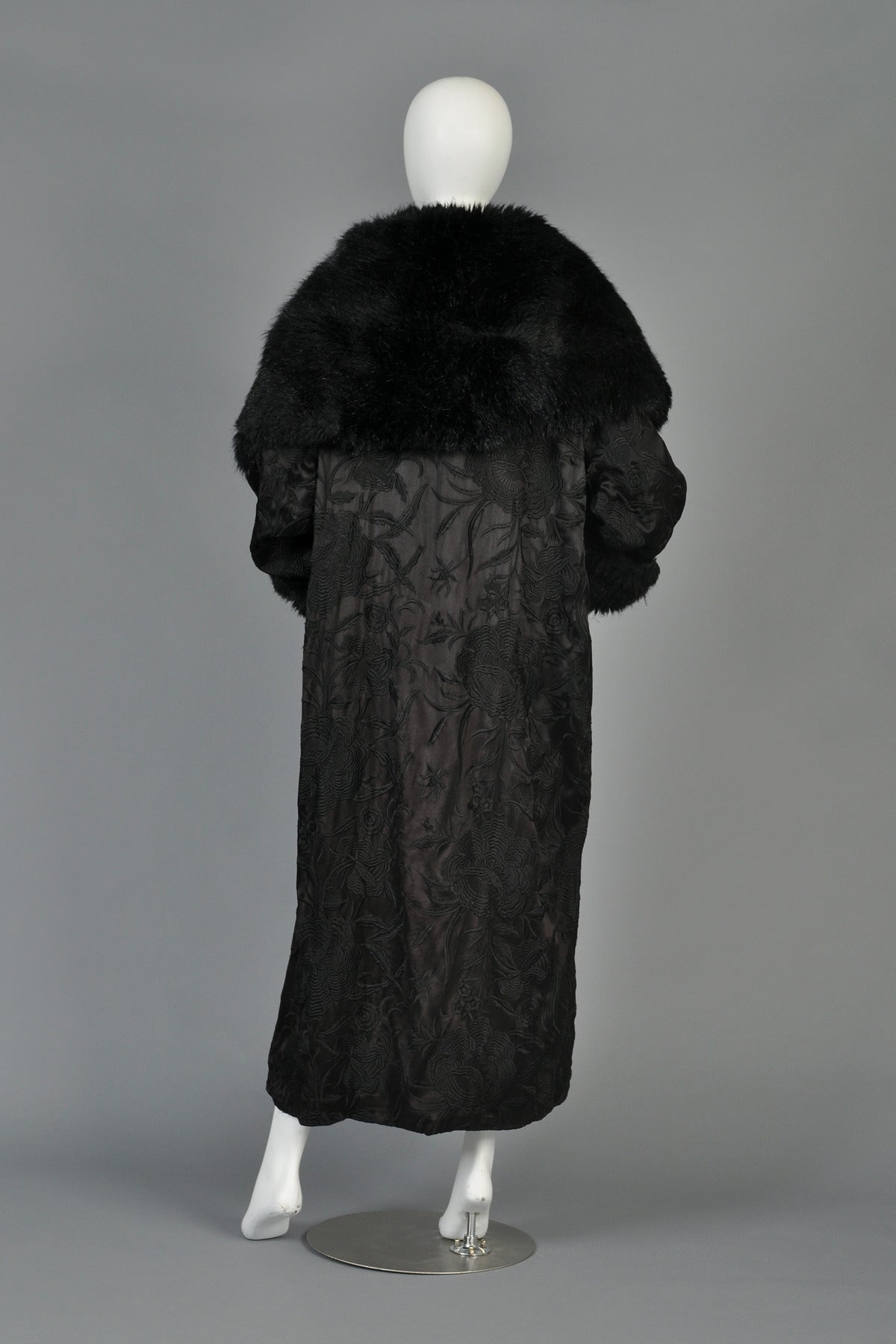 Norma Kamali Embroidered Satin Coat with MASSIVE Fur-lined Hood 6