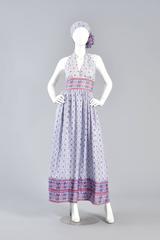 Lovely 1970s Ethnic India Print Backless Cotton Halter Dress with Scarf