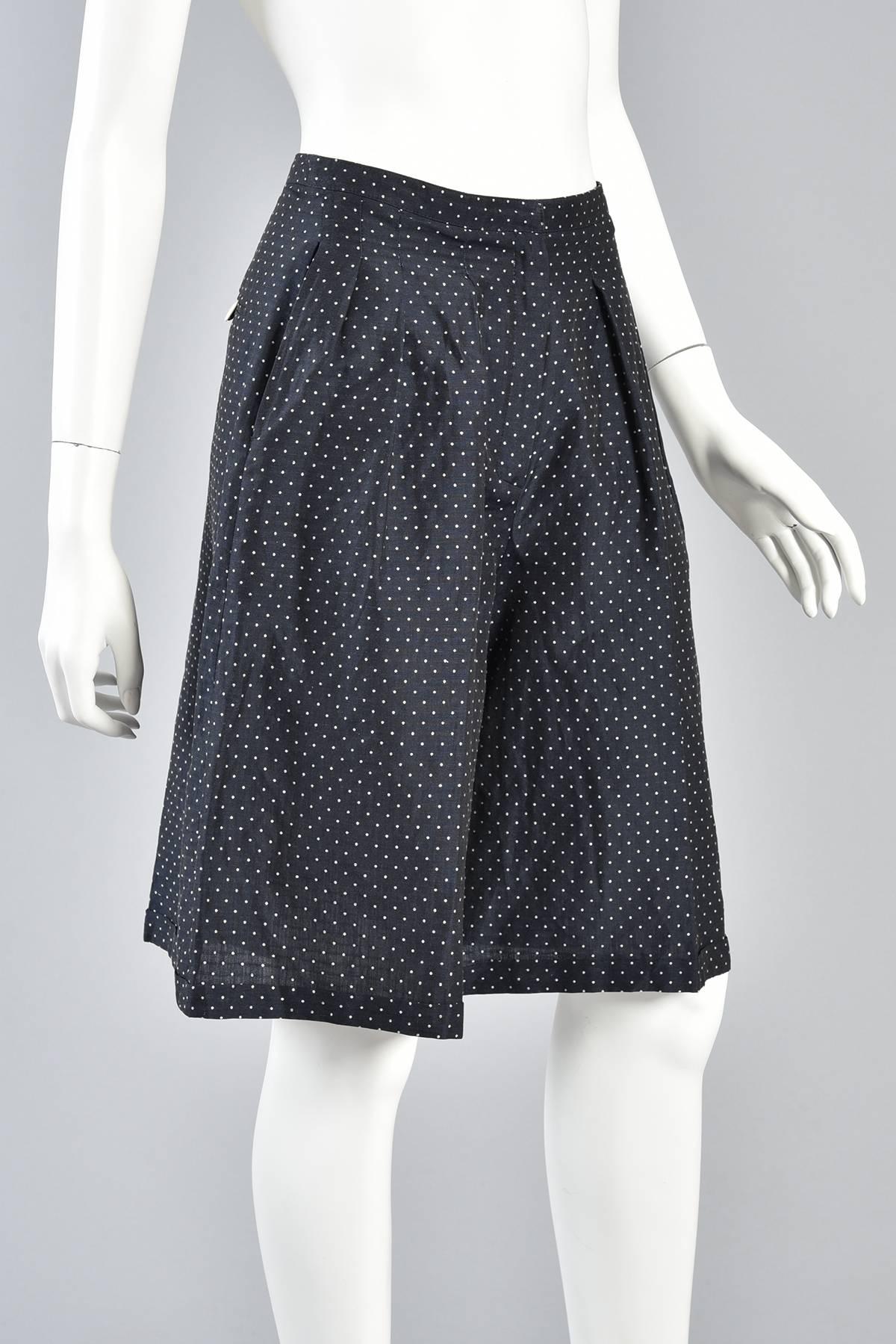 Navy Blue & White Flared Polkadot Culottes Shorts For Sale 1