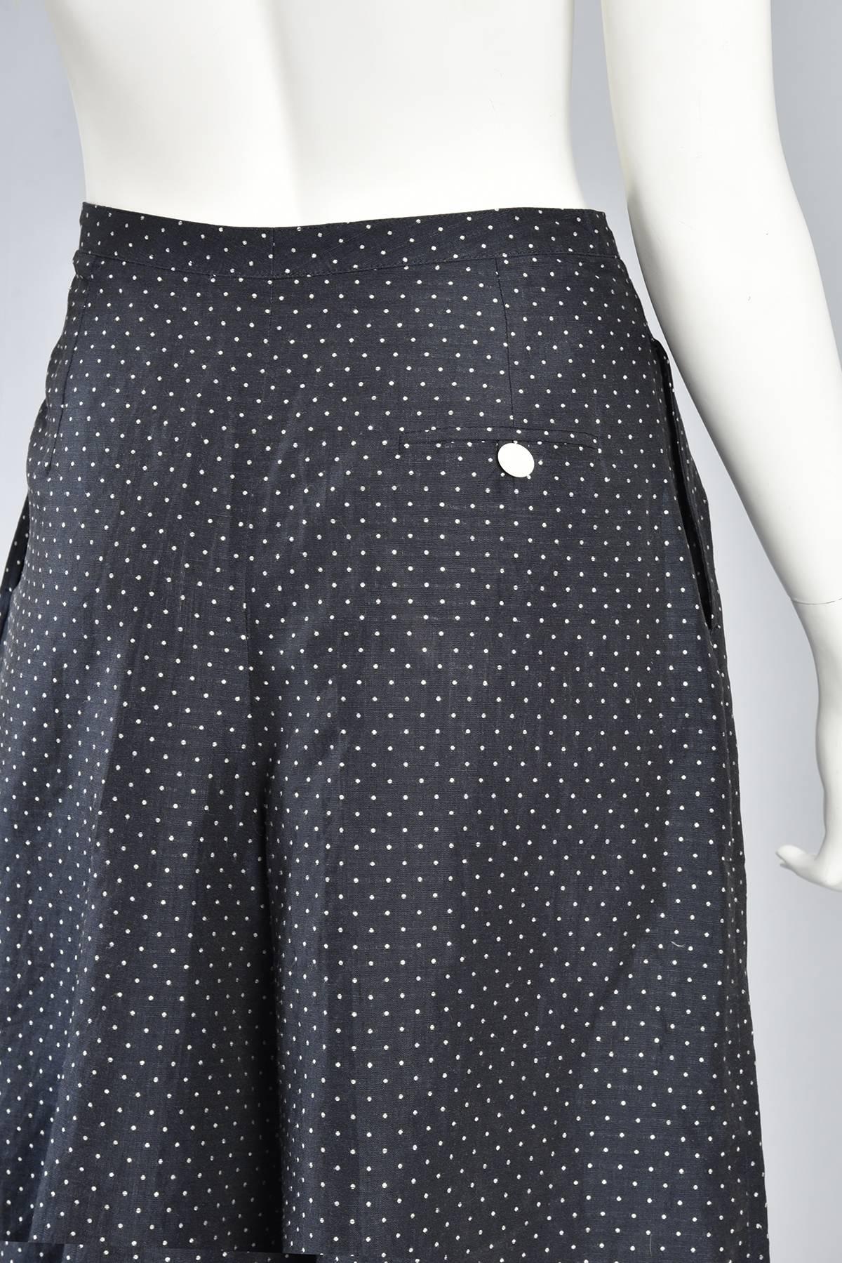 Navy Blue & White Flared Polkadot Culottes Shorts For Sale 2